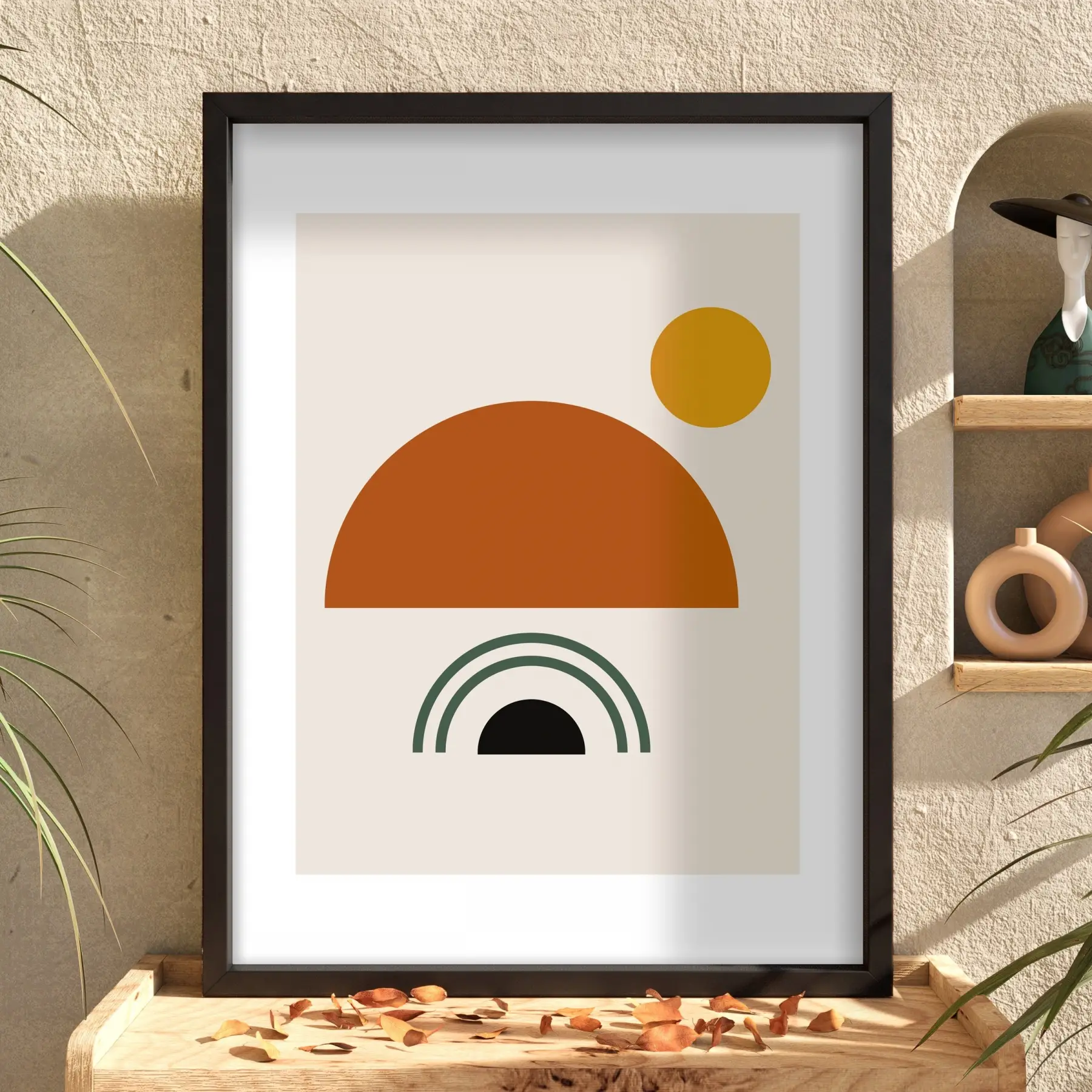 Toprak Tonları Soyut Geometri Siyah Ahşap Çerçeveli Tablo Duvar Dekoru Poster Obje Ev