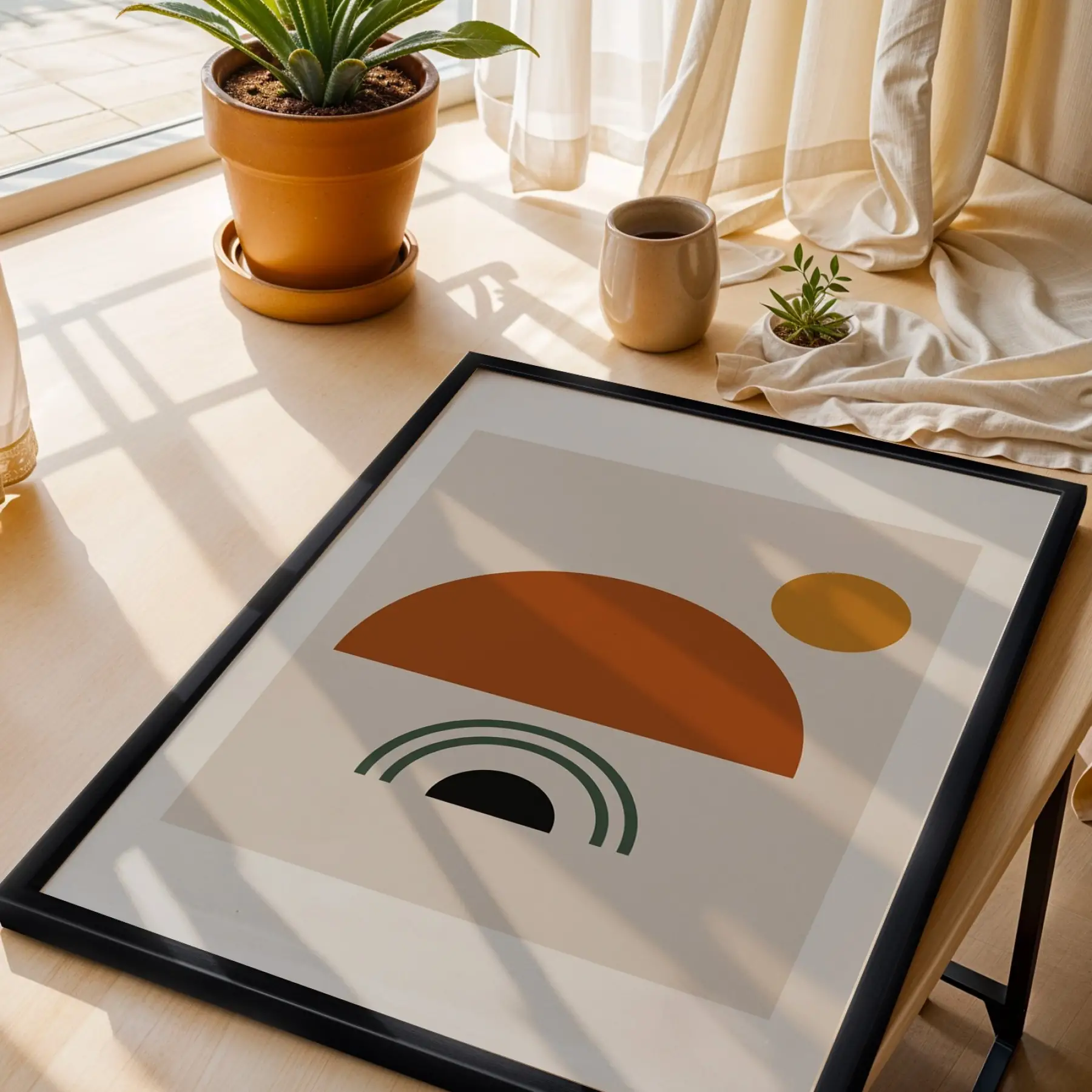Toprak Tonları Soyut Geometri Siyah Ahşap Çerçeveli Tablo Duvar Dekoru Poster Obje Ev