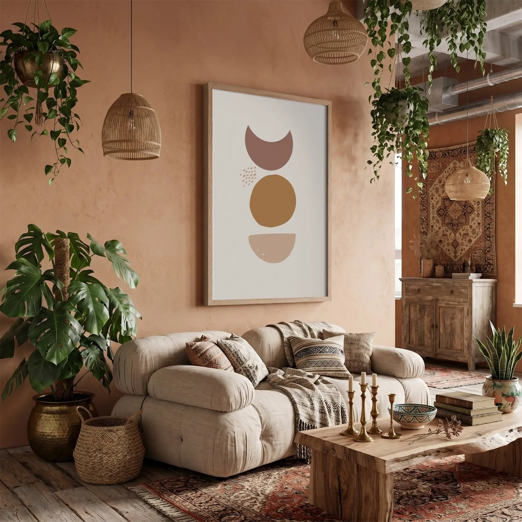 Toprak Tonları Geometrik Soyut Doğal Ahşap Çerçeveli Tablo Dekoru Poster Obje Ev Aksesuarları