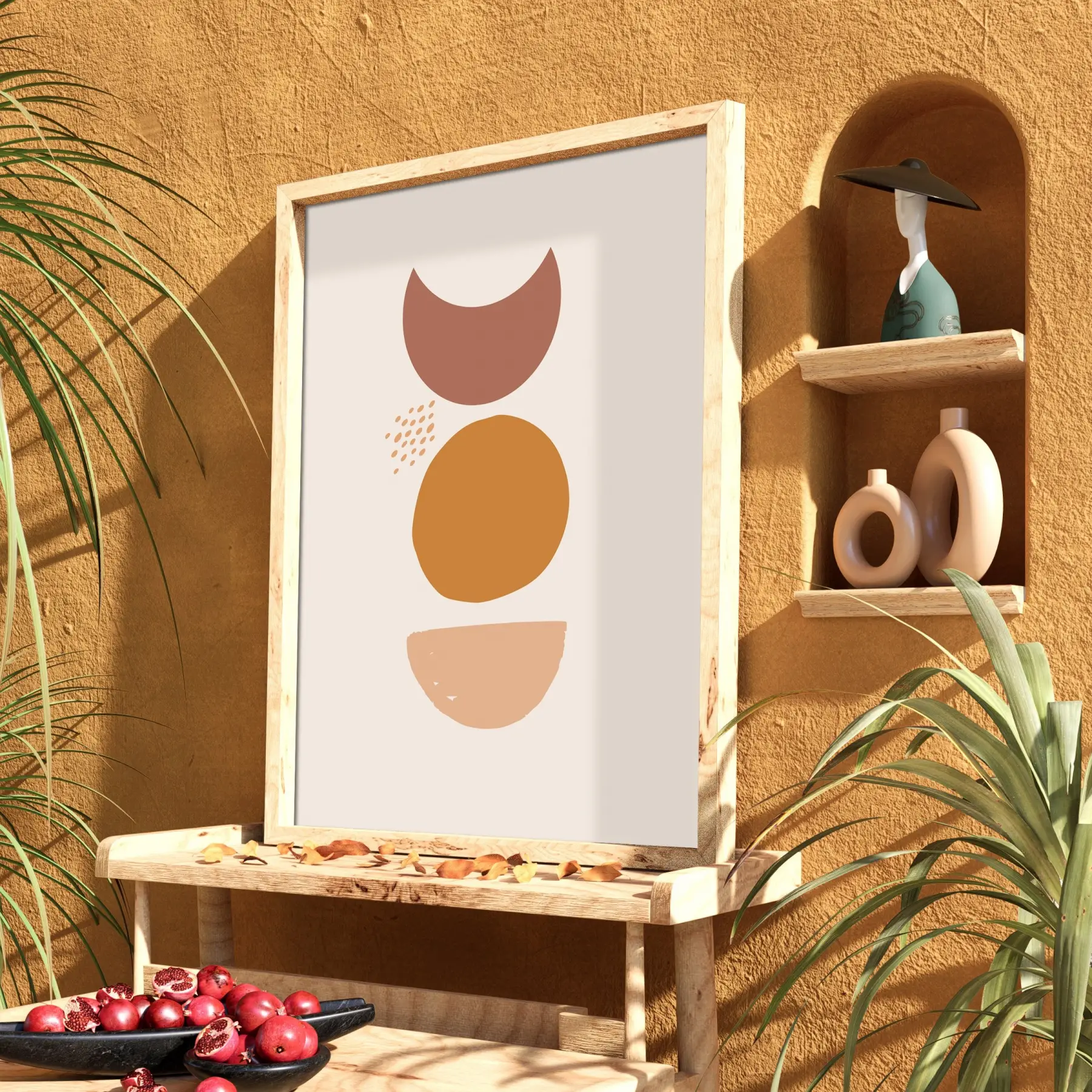 Toprak Tonları Geometrik Soyut Doğal Ahşap Çerçeveli Tablo Dekoru Poster Obje Ev Aksesuarları