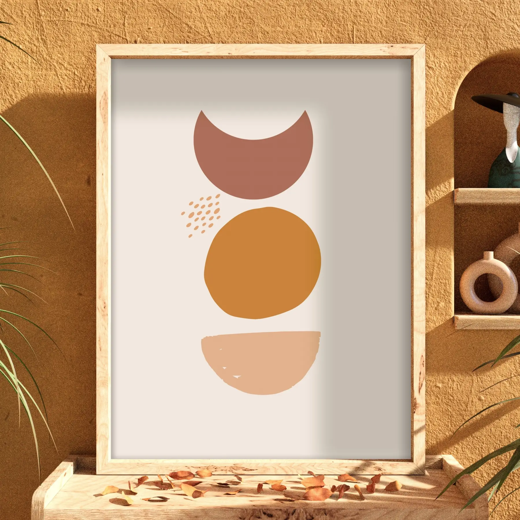 Toprak Tonları Geometrik Soyut Doğal Ahşap Çerçeveli Tablo Dekoru Poster Obje Ev Aksesuarları