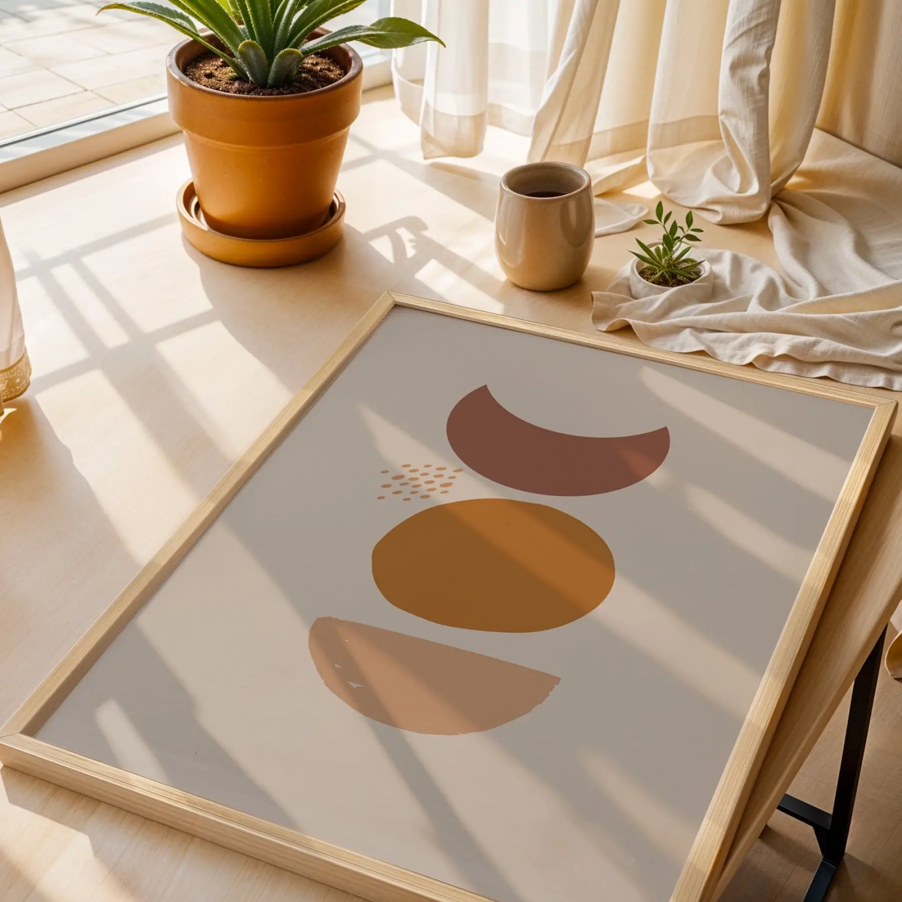 Toprak Tonları Geometrik Soyut Doğal Ahşap Çerçeveli Tablo Dekoru Poster Obje Ev Aksesuarları