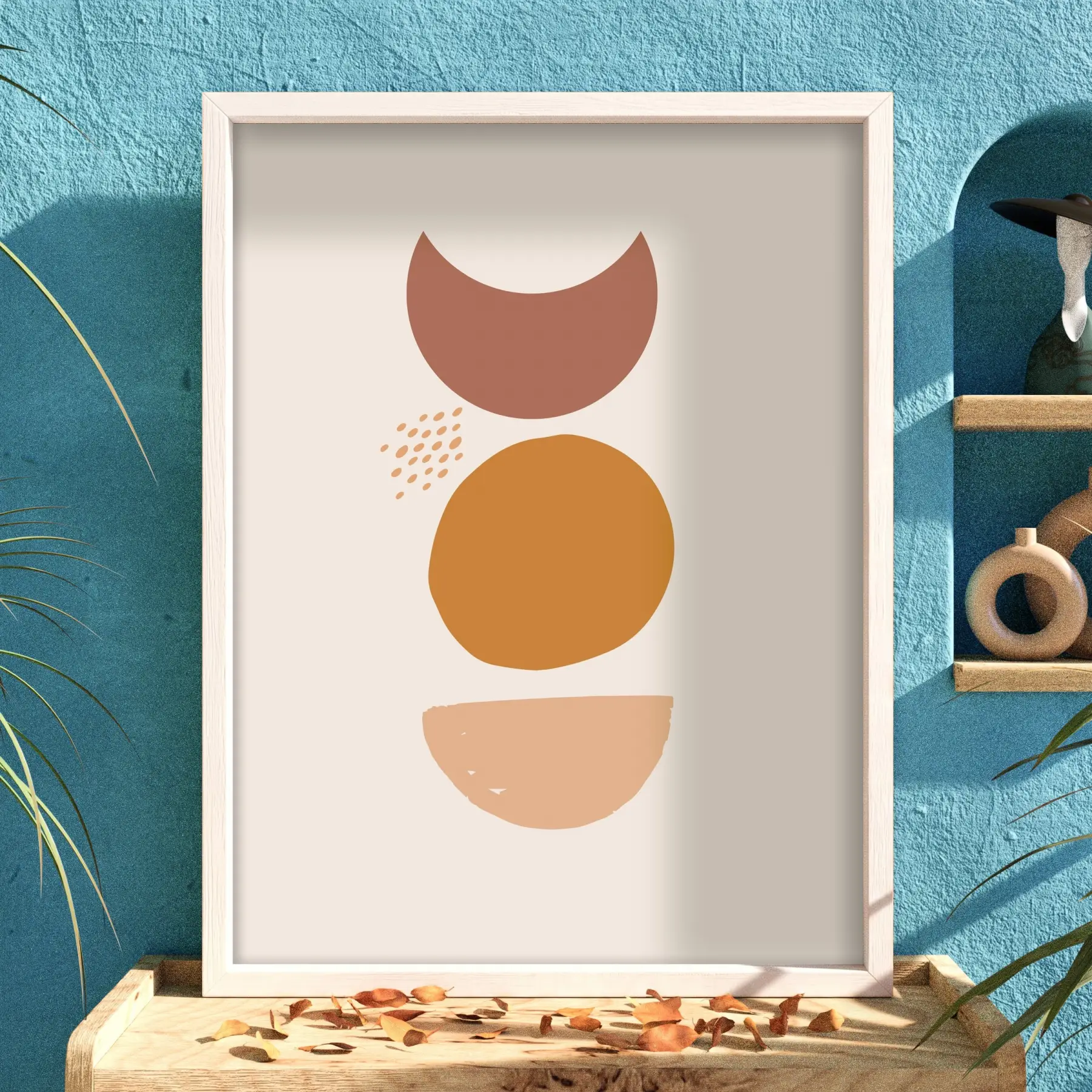 Toprak Tonları Geometrik Soyut Beyaz Ahşap Çerçeveli Tablo Modern Sanat İç Mekan Yatak