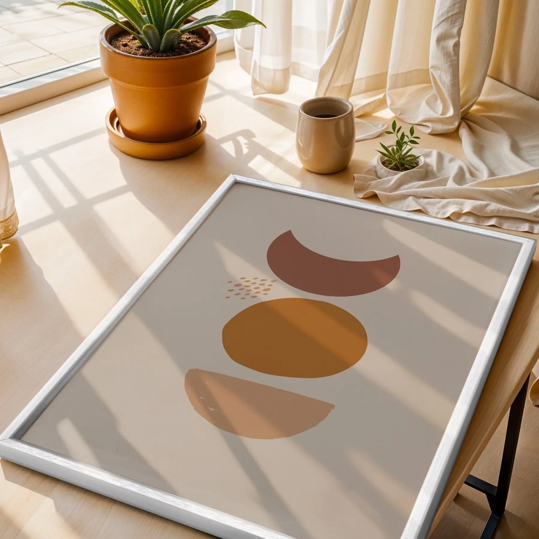 Toprak Tonları Geometrik Soyut Beyaz Ahşap Çerçeveli Tablo Modern Sanat İç Mekan Yatak