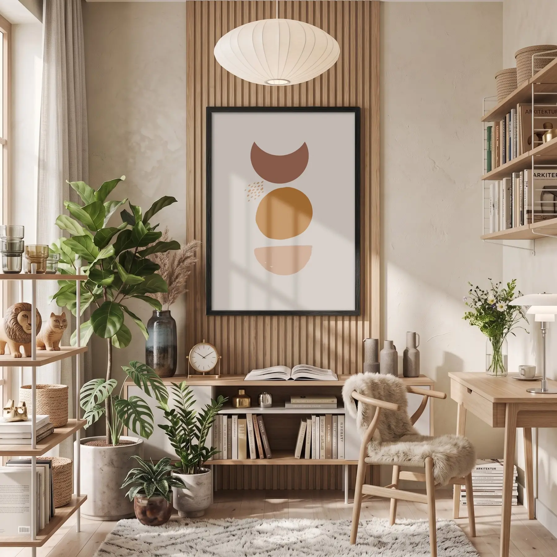Toprak Tonları Geometrik Soyut Siyah Ahşap Çerçeveli Tablo Görünümlü Salon Oturma Odası Duvar