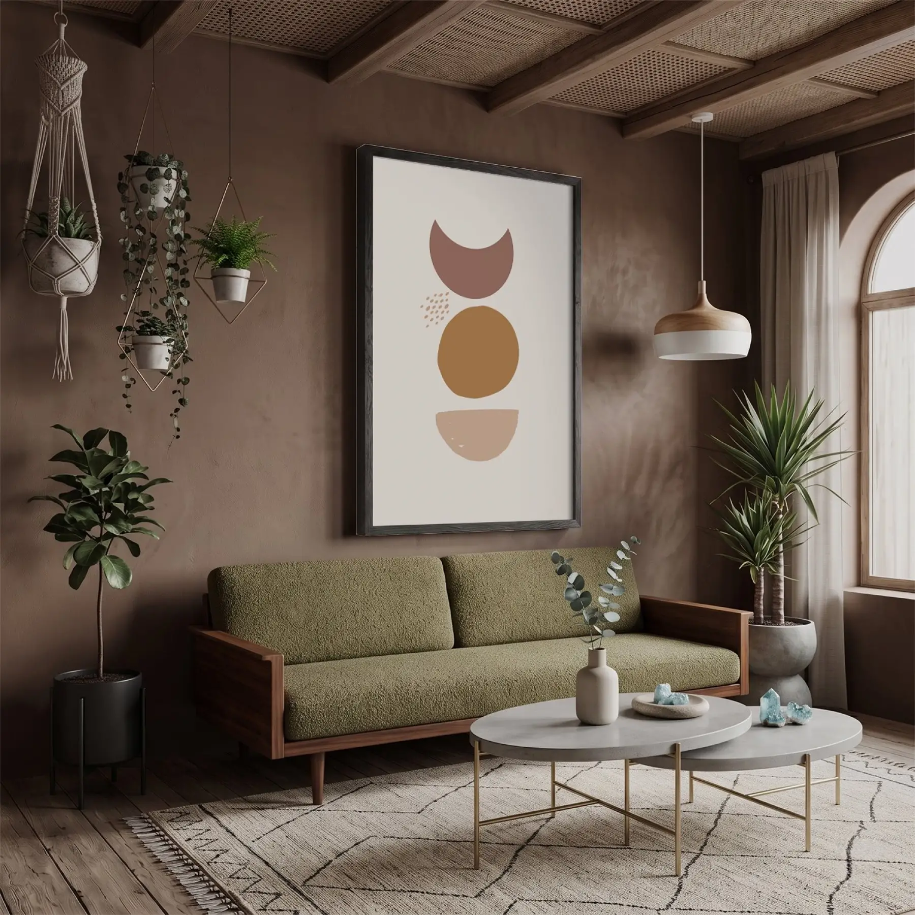 Toprak Tonları Geometrik Soyut Siyah Ahşap Çerçeveli Tablo Görünümlü Salon Oturma Odası Duvar