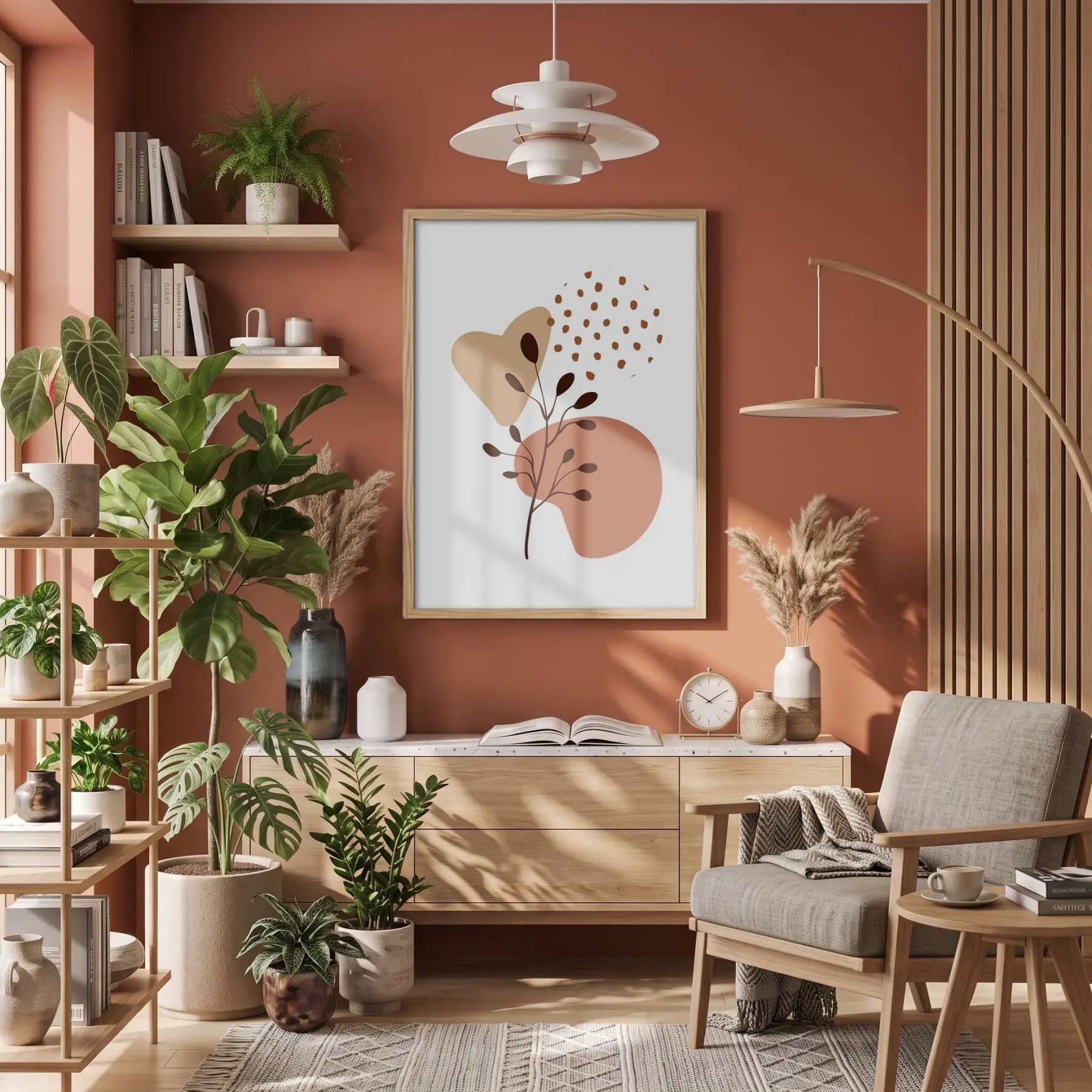 Organik Pastel Yapraklar Doğal Ahşap Çerçeveli Tablo Salon Oturma Odası Duvar Dekoru Poster