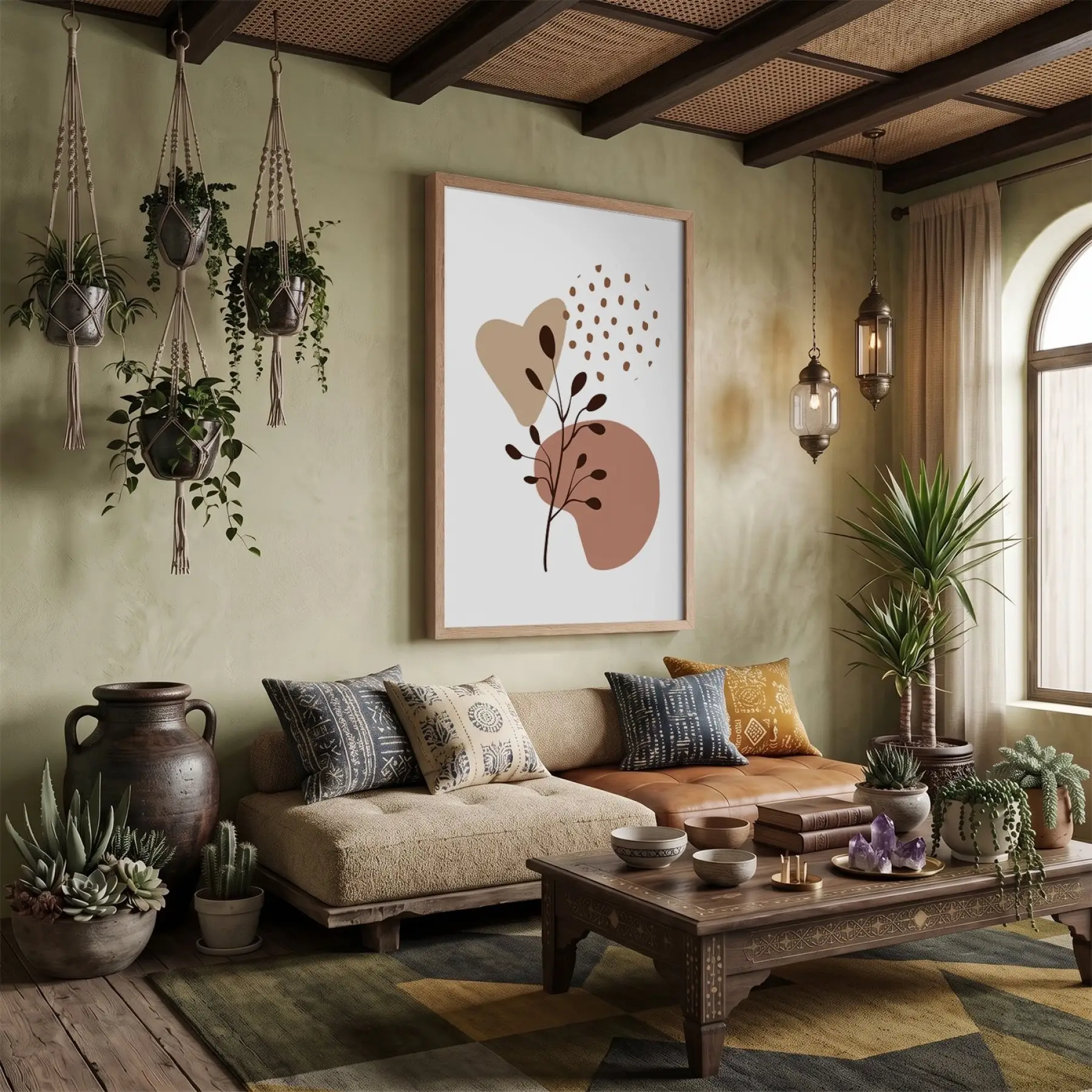 Organik Pastel Yapraklar Doğal Ahşap Çerçeveli Tablo Salon Oturma Odası Duvar Dekoru Poster