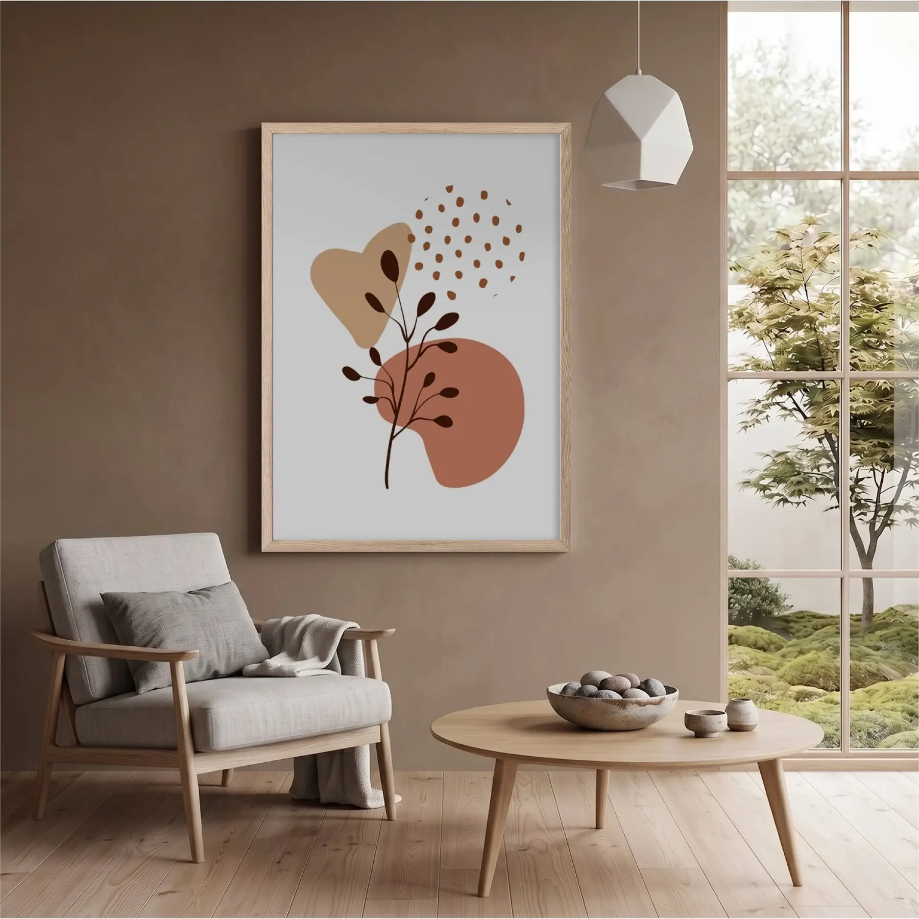 Organik Pastel Yapraklar Doğal Ahşap Çerçeveli Tablo Salon Oturma Odası Duvar Dekoru Poster