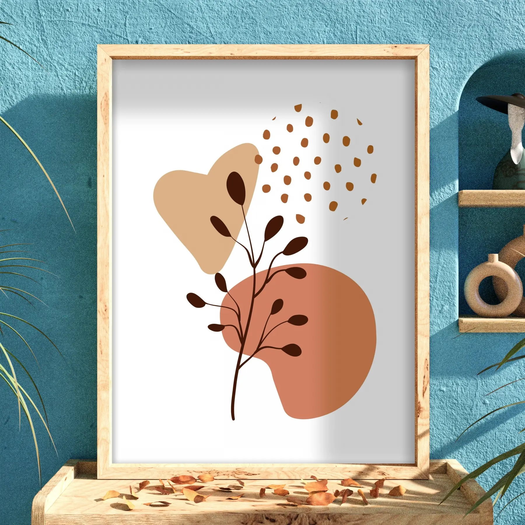 Organik Pastel Yapraklar Doğal Ahşap Çerçeveli Tablo Salon Oturma Odası Duvar Dekoru Poster
