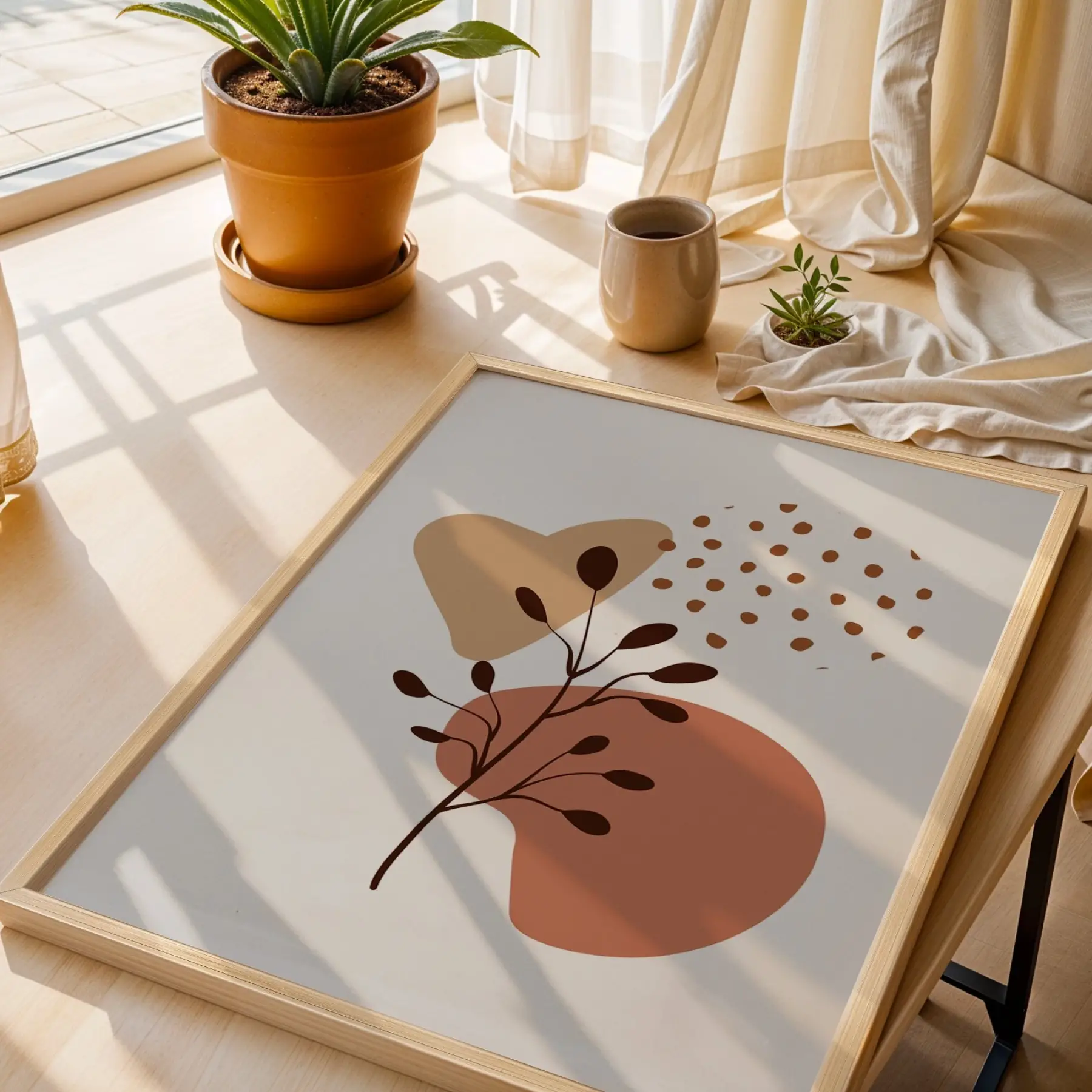 Organik Pastel Yapraklar Doğal Ahşap Çerçeveli Tablo Salon Oturma Odası Duvar Dekoru Poster