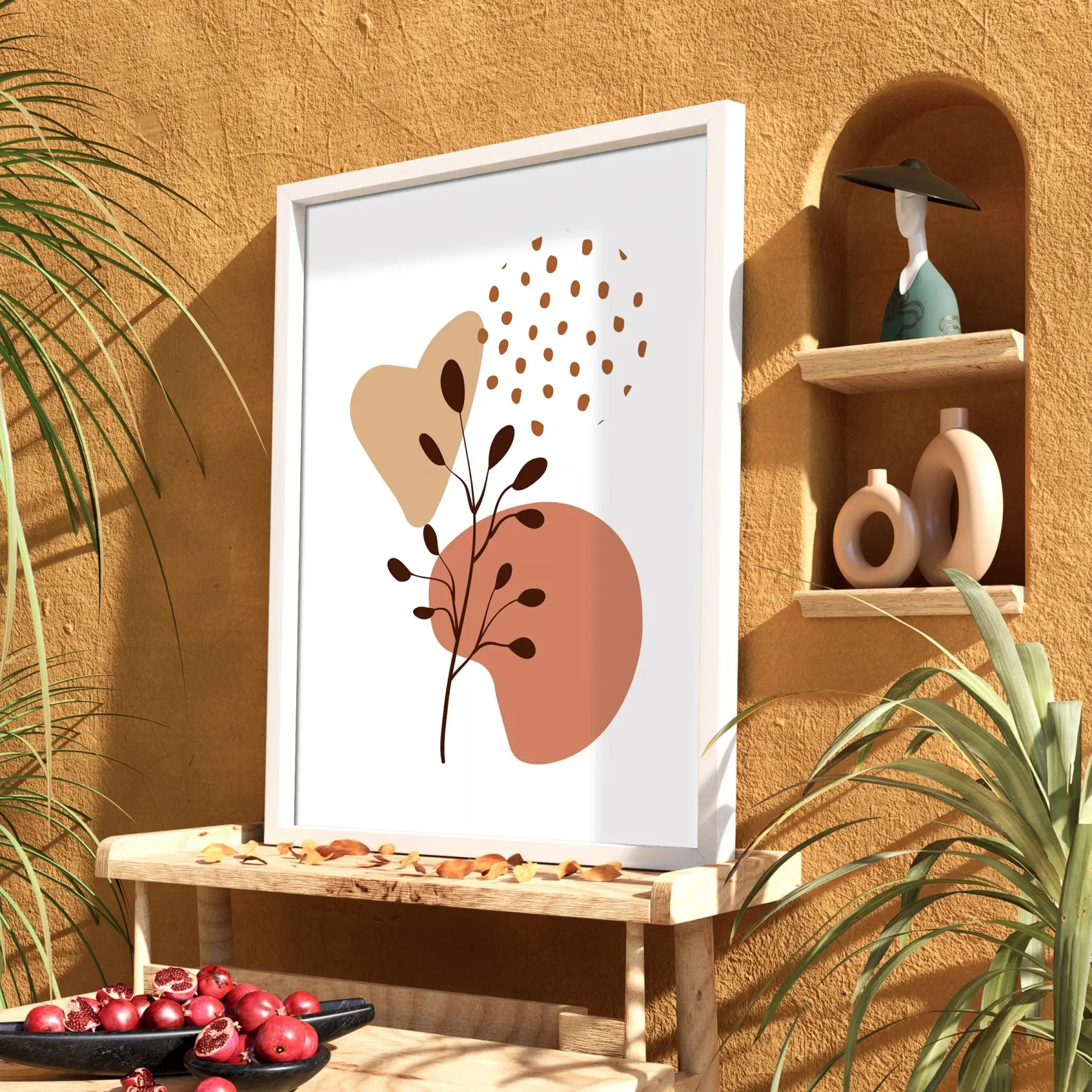 Organik Pastel Yapraklar Beyaz Ahşap Çerçeveli Tablo Poster Dekoratif Obje Ev Aksesuarları Modern
