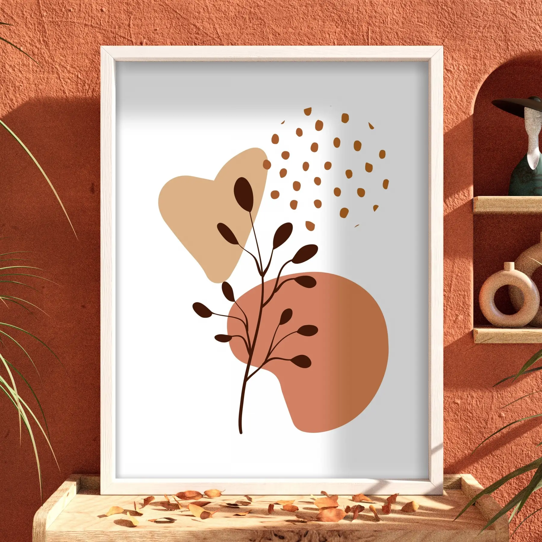 Organik Pastel Yapraklar Beyaz Ahşap Çerçeveli Tablo Poster Dekoratif Obje Ev Aksesuarları Modern