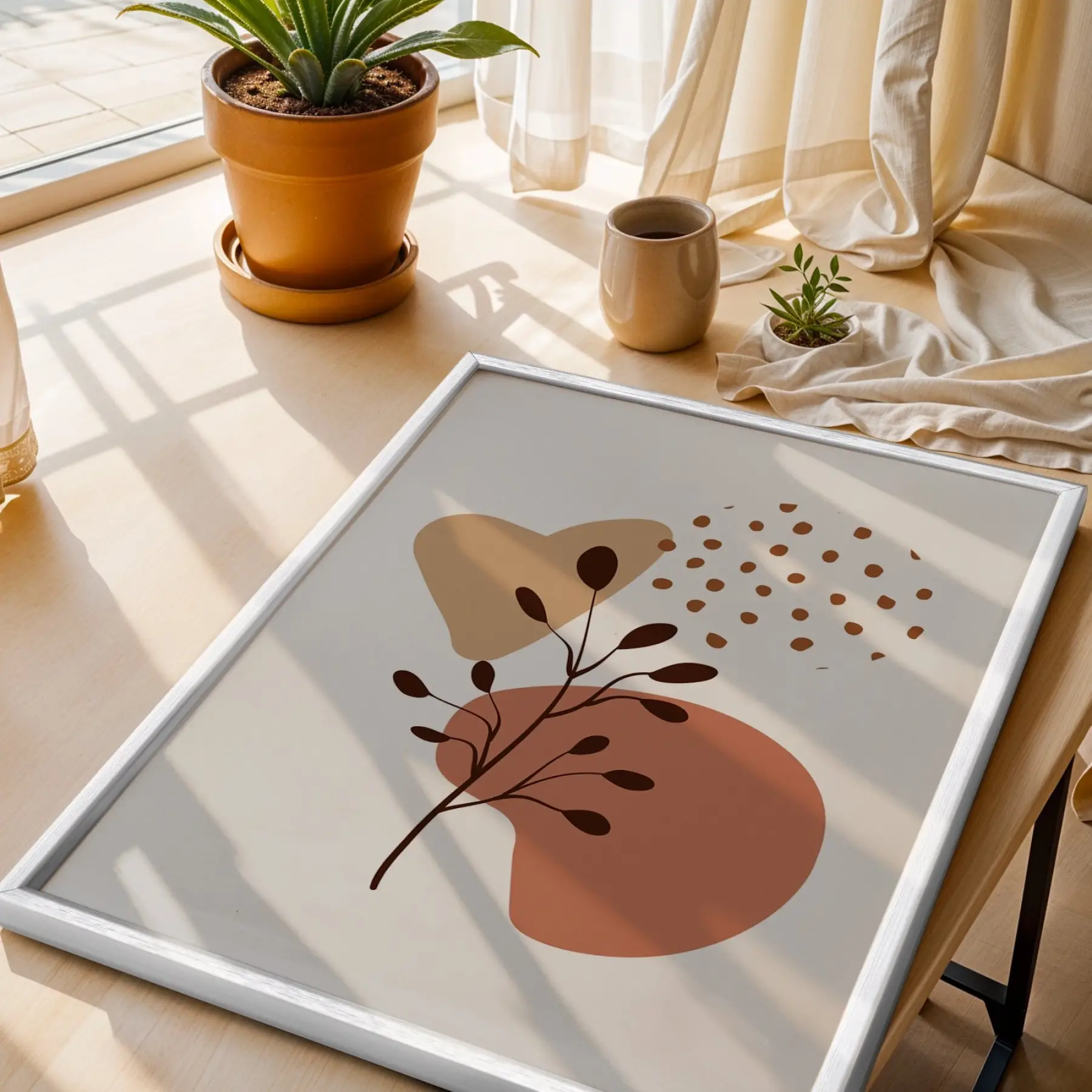 Organik Pastel Yapraklar Beyaz Ahşap Çerçeveli Tablo Poster Dekoratif Obje Ev Aksesuarları Modern