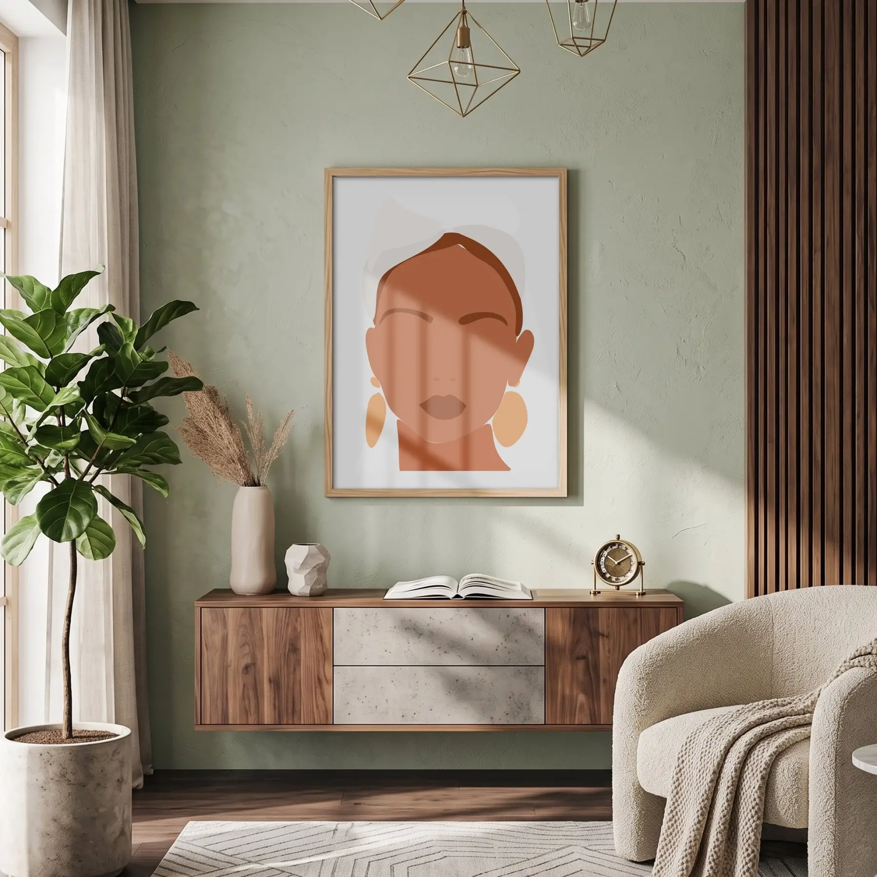 Boho Şık Yüz Tasarım Doğal Ahşap Çerçeveli Tablo Bohem Obje Ev Aksesuarları Modern