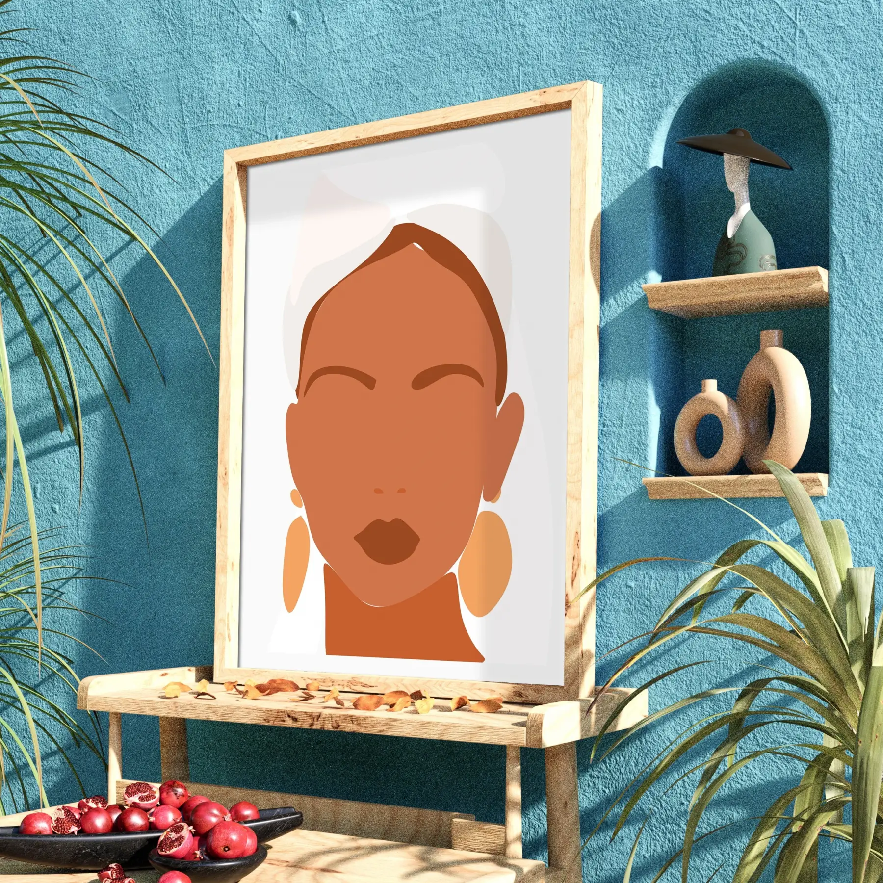 Boho Şık Yüz Tasarım Doğal Ahşap Çerçeveli Tablo Bohem Obje Ev Aksesuarları Modern