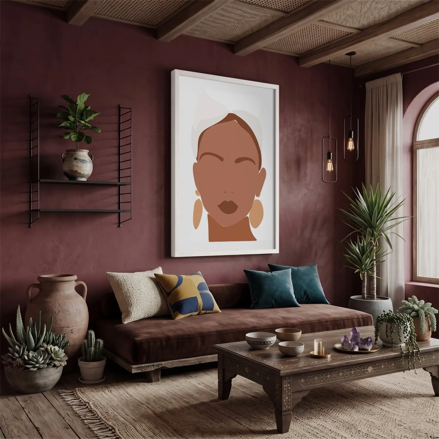 Boho Şık Yüz Tasarım Beyaz Ahşap Çerçeveli Tablo Bohem Ev Aksesuarları Modern Sanat