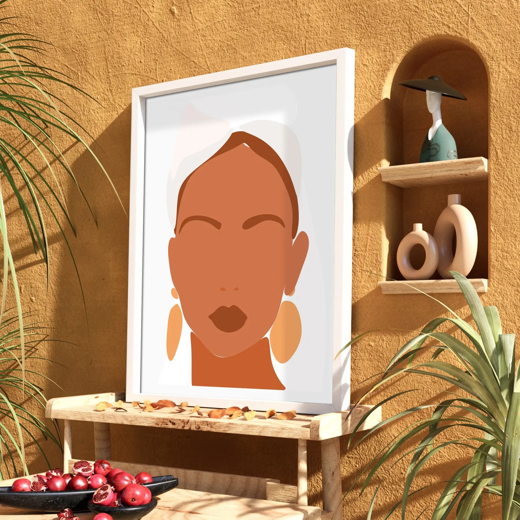 Boho Şık Yüz Tasarım Beyaz Ahşap Çerçeveli Tablo Bohem Ev Aksesuarları Modern Sanat