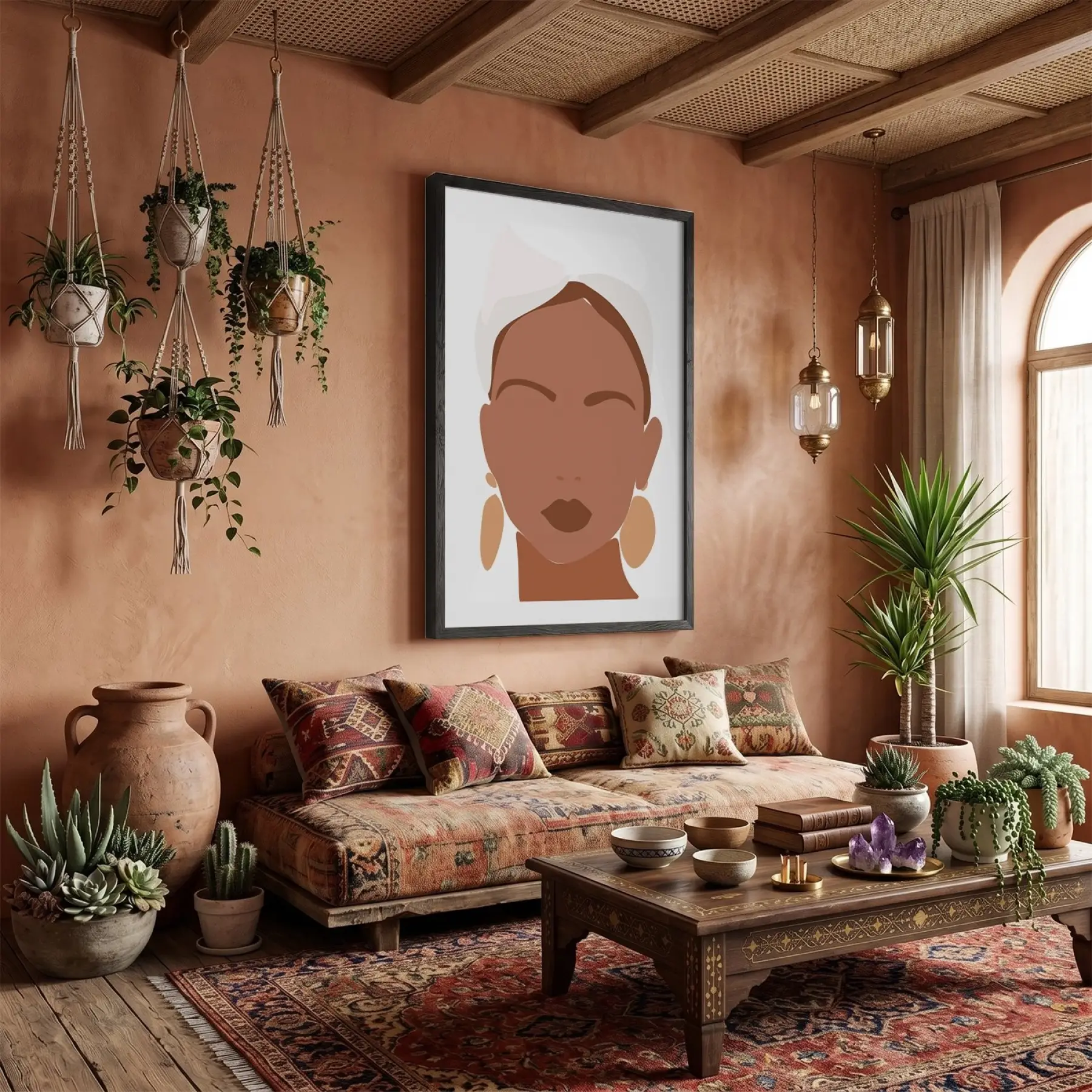 Boho Şık Yüz Tasarım Siyah Ahşap Çerçeveli Tablo Bohem Yatak Koridor Ofis Kanvas