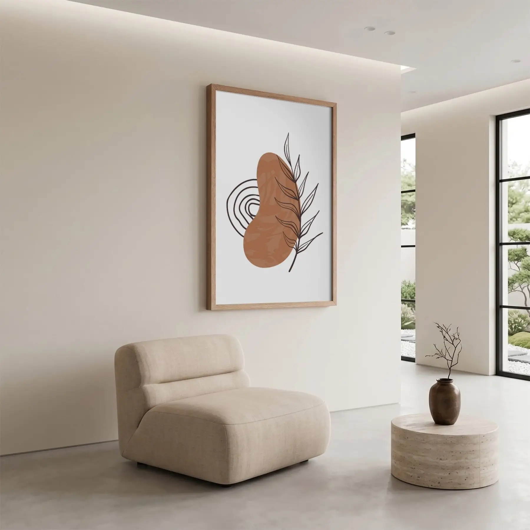 Toprak Tonlu Organik Sanat Doğal Ahşap Çerçeveli Tablo Koridor Ofis Kanvas Görünümlü Salon