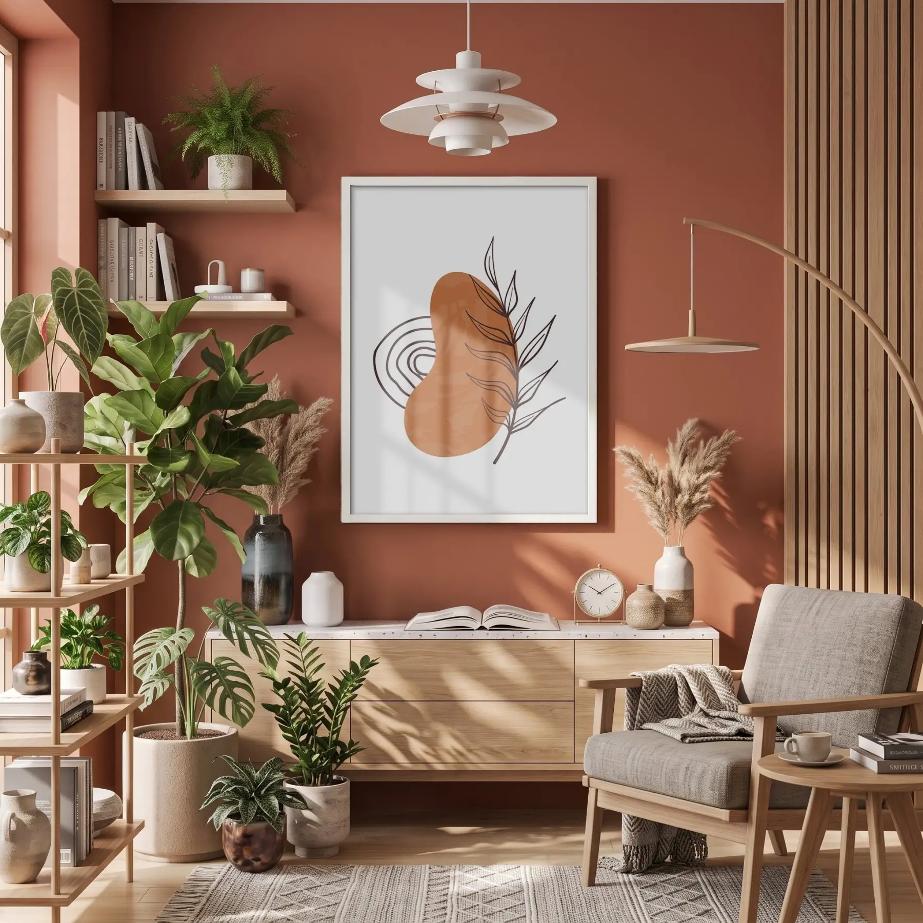 Toprak Tonlu Organik Sanat Beyaz Ahşap Çerçeveli Tablo Aksesuarları Modern İç Mekan Yatak