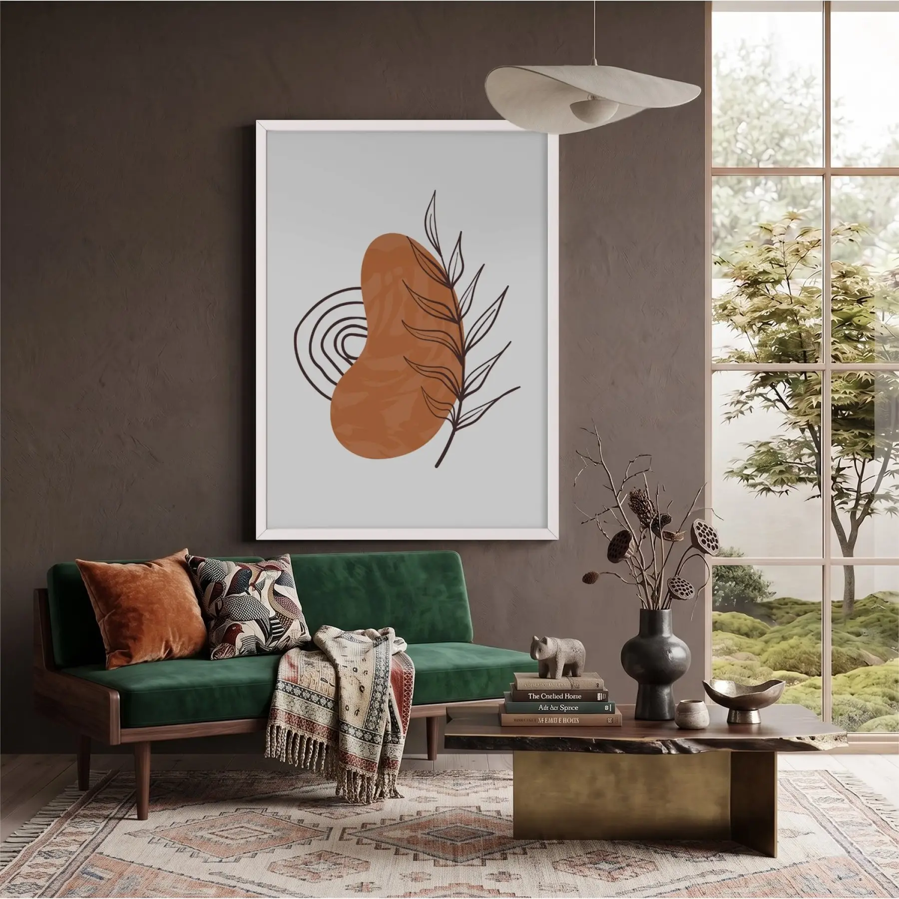 Toprak Tonlu Organik Sanat Beyaz Ahşap Çerçeveli Tablo Aksesuarları Modern İç Mekan Yatak