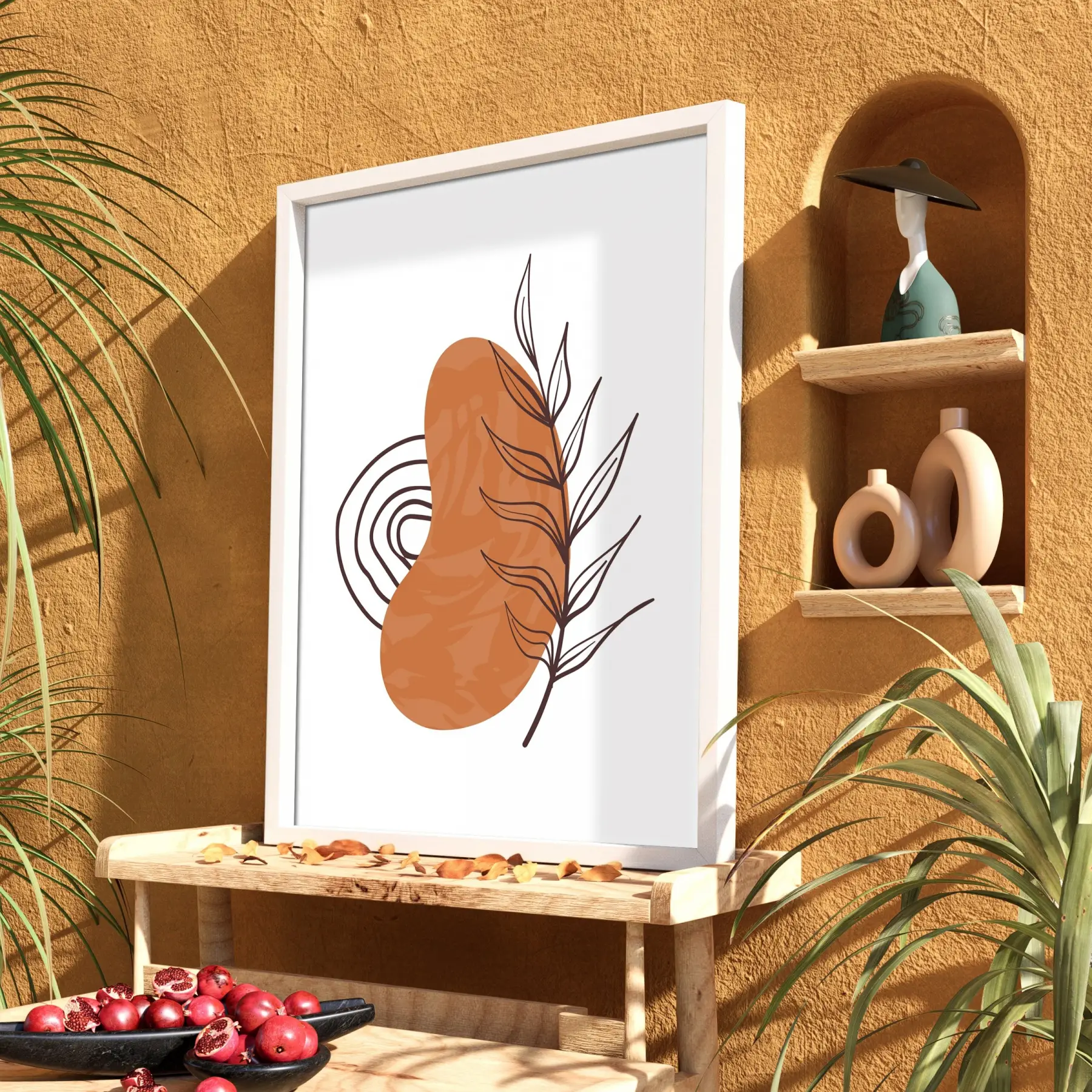 Toprak Tonlu Organik Sanat Beyaz Ahşap Çerçeveli Tablo Aksesuarları Modern İç Mekan Yatak