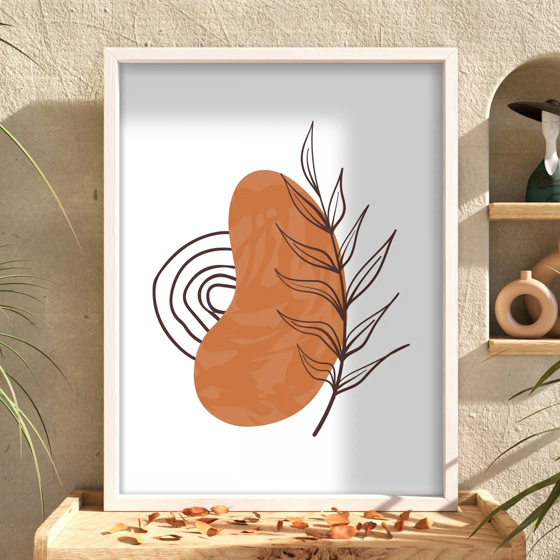 Toprak Tonlu Organik Sanat Beyaz Ahşap Çerçeveli Tablo Aksesuarları Modern İç Mekan Yatak