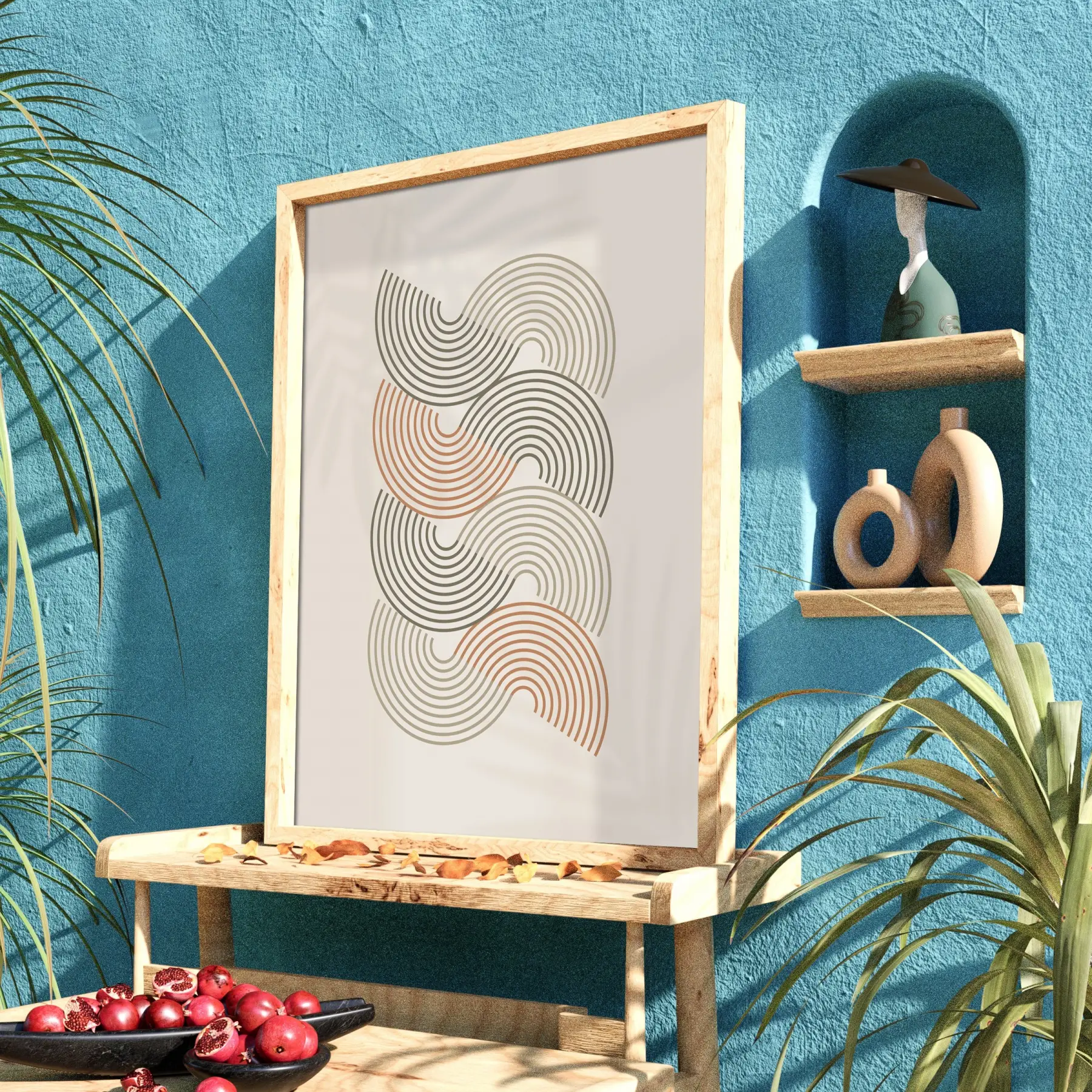 Organik Dalgalı Pastel Tablo Doğal Ahşap Çerçeveli Görünümlü Salon Oturma Odası Duvar Dekoru