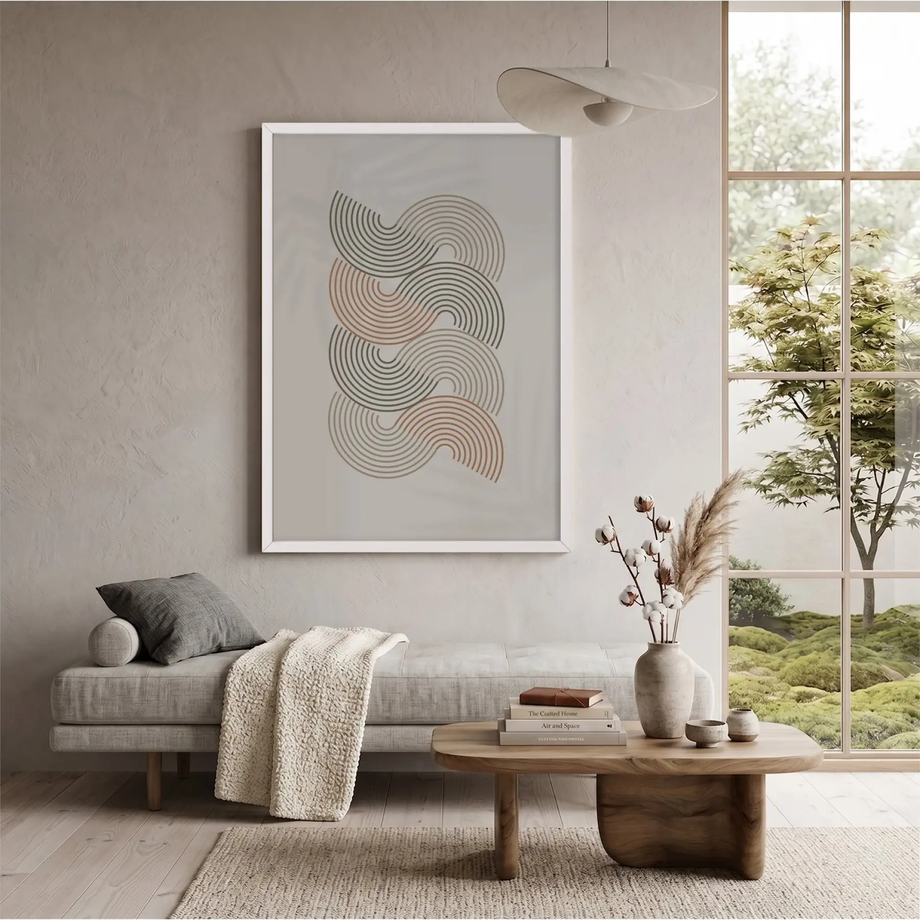 Organik Dalgalı Pastel Tablo Beyaz Ahşap Çerçeveli Aksesuarları Modern Sanat İç Mekan Yatak