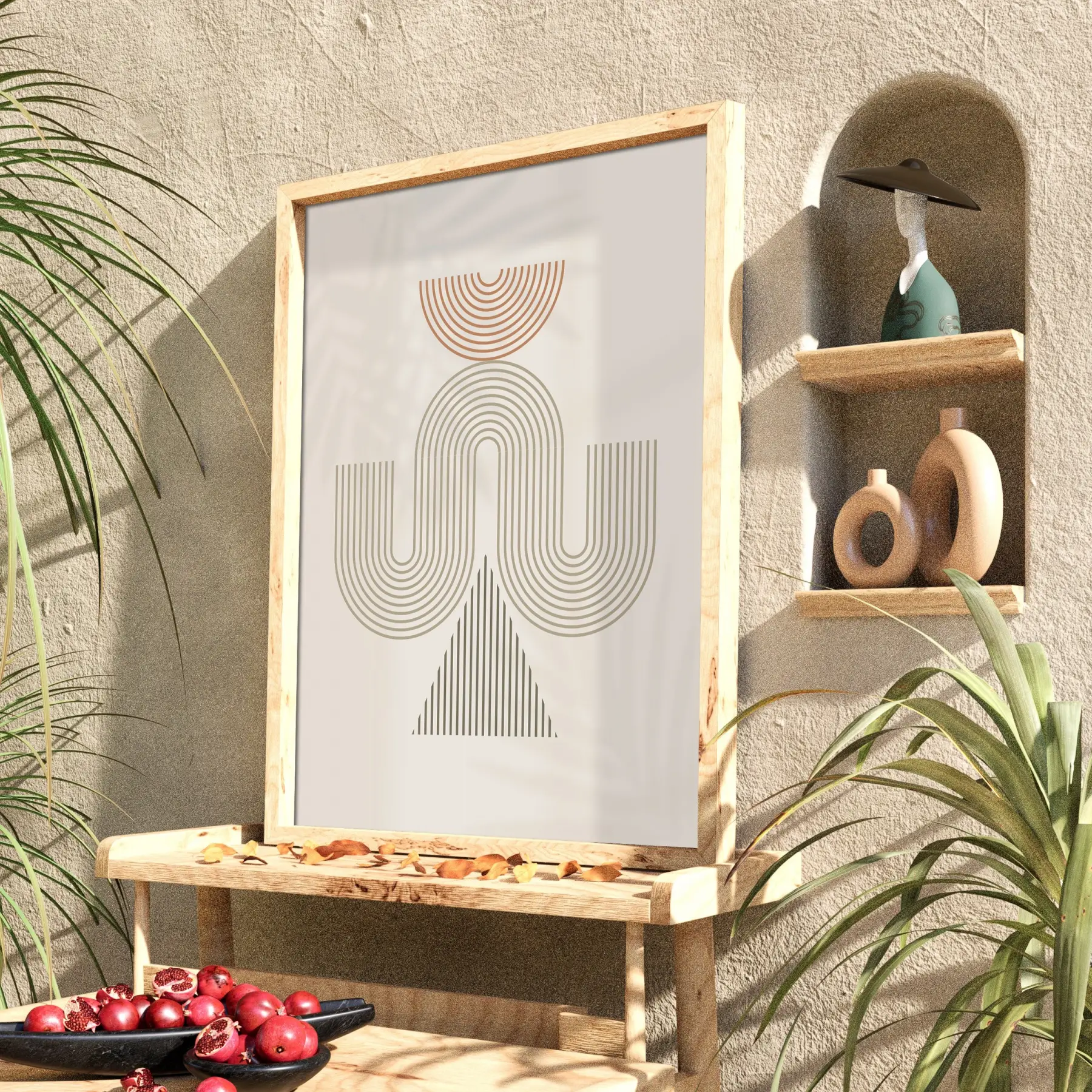 Bej Tonlu Soyut Kemerler Doğal Ahşap Çerçeveli Tablo Oturma Odası Duvar Dekoru Poster