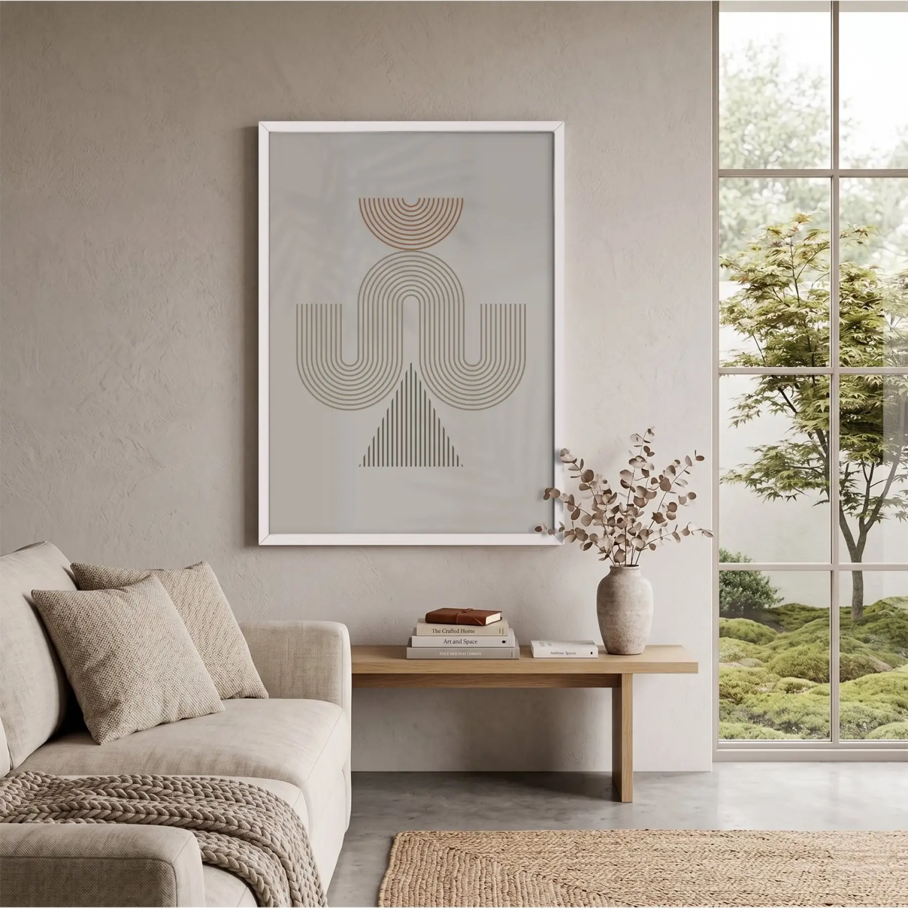 Bej Tonlu Soyut Kemerler Beyaz Ahşap Çerçeveli Tablo Aksesuarları Modern Sanat İç Mekan