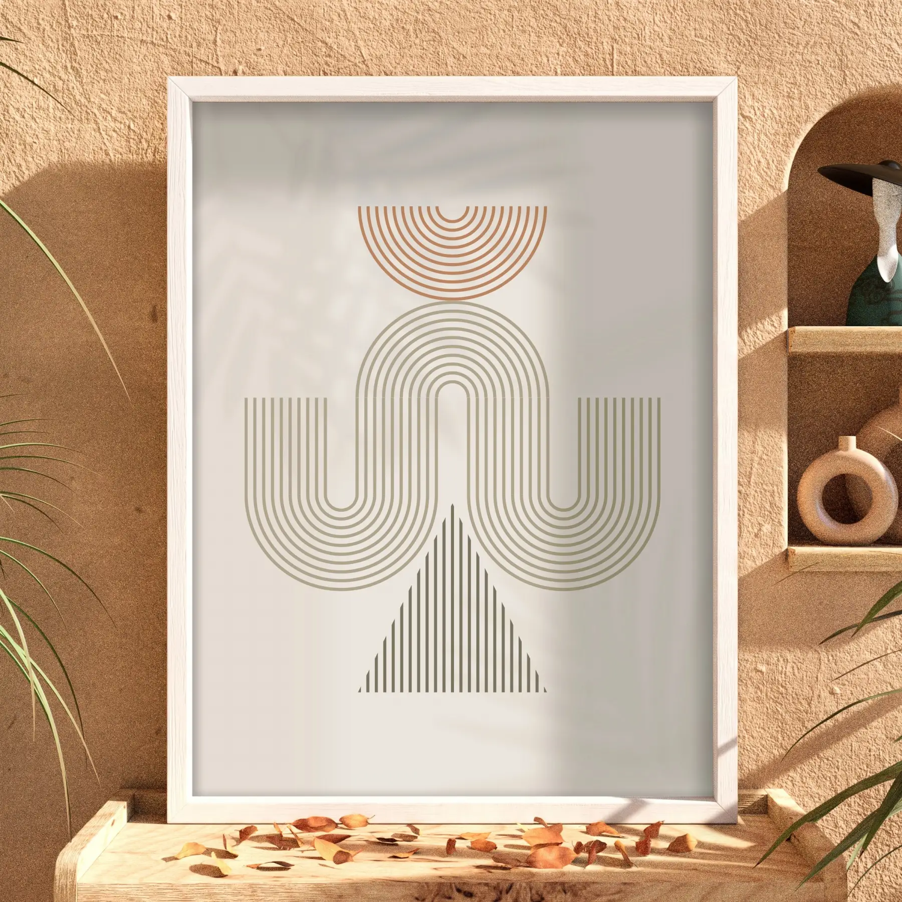 Bej Tonlu Soyut Kemerler Beyaz Ahşap Çerçeveli Tablo Aksesuarları Modern Sanat İç Mekan