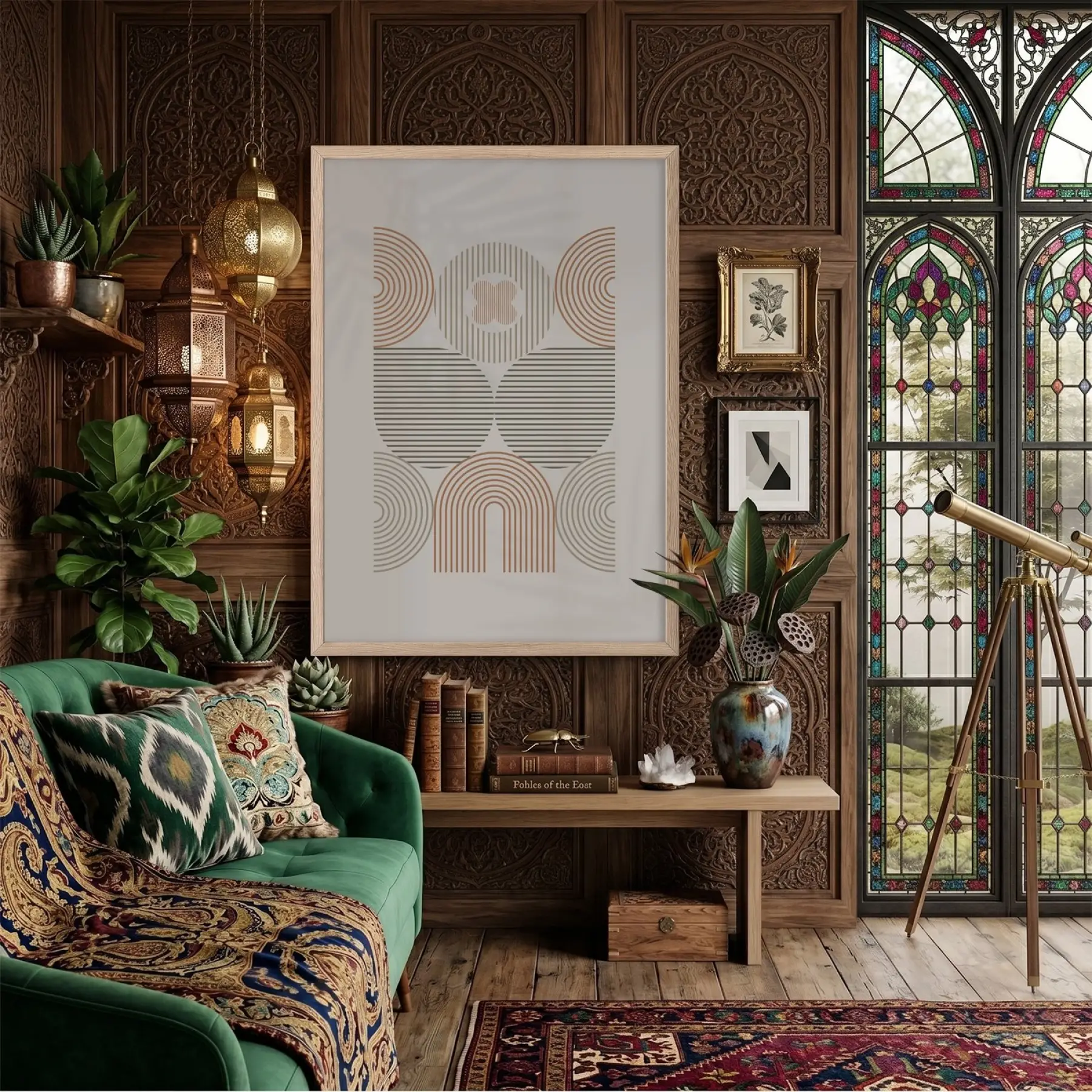 Pastel Kemerli Geometrik Tablo Doğal Ahşap Çerçeveli Oturma Odası Duvar Dekoru Poster Obje