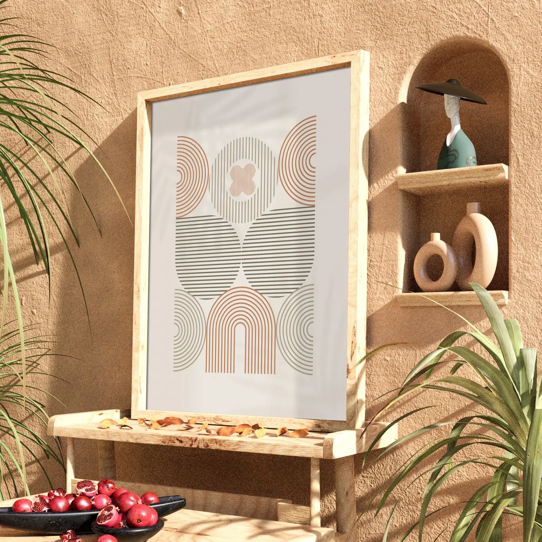 Pastel Kemerli Geometrik Tablo Doğal Ahşap Çerçeveli Oturma Odası Duvar Dekoru Poster Obje