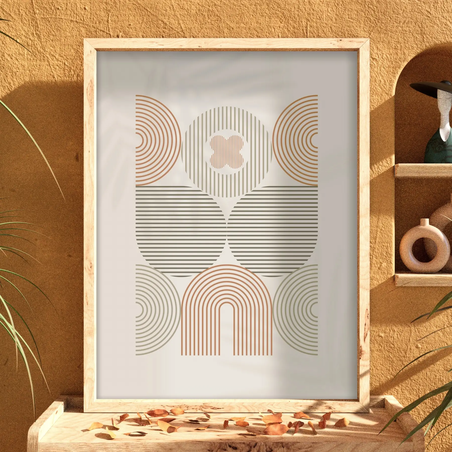 Pastel Kemerli Geometrik Tablo Doğal Ahşap Çerçeveli Oturma Odası Duvar Dekoru Poster Obje