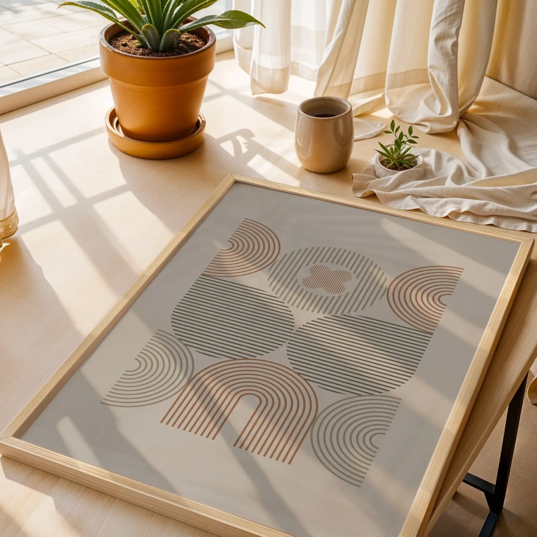 Pastel Kemerli Geometrik Tablo Doğal Ahşap Çerçeveli Oturma Odası Duvar Dekoru Poster Obje
