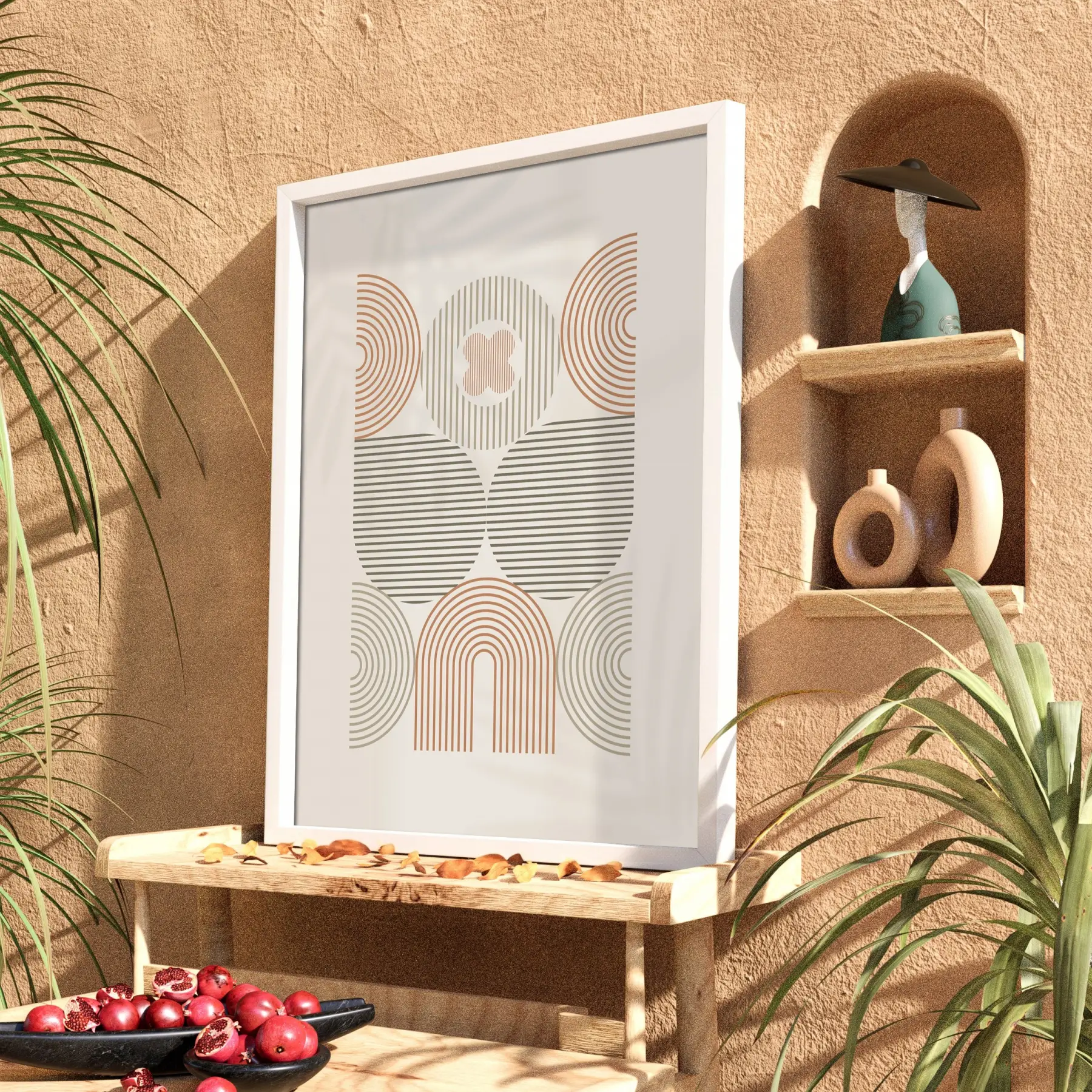 Pastel Kemerli Geometrik Tablo Beyaz Ahşap Çerçeveli Oturma Odası Duvar Dekoru Poster Obje