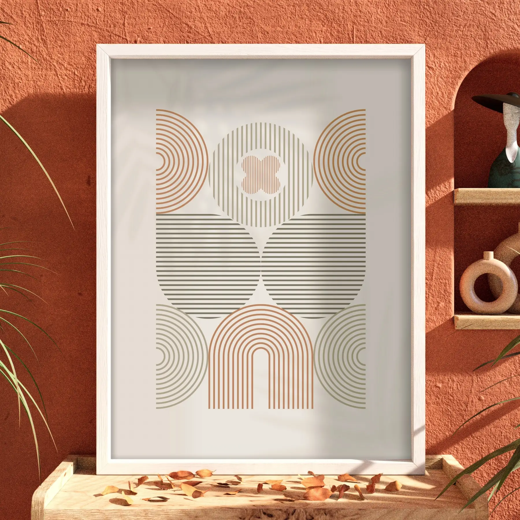 Pastel Kemerli Geometrik Tablo Beyaz Ahşap Çerçeveli Oturma Odası Duvar Dekoru Poster Obje