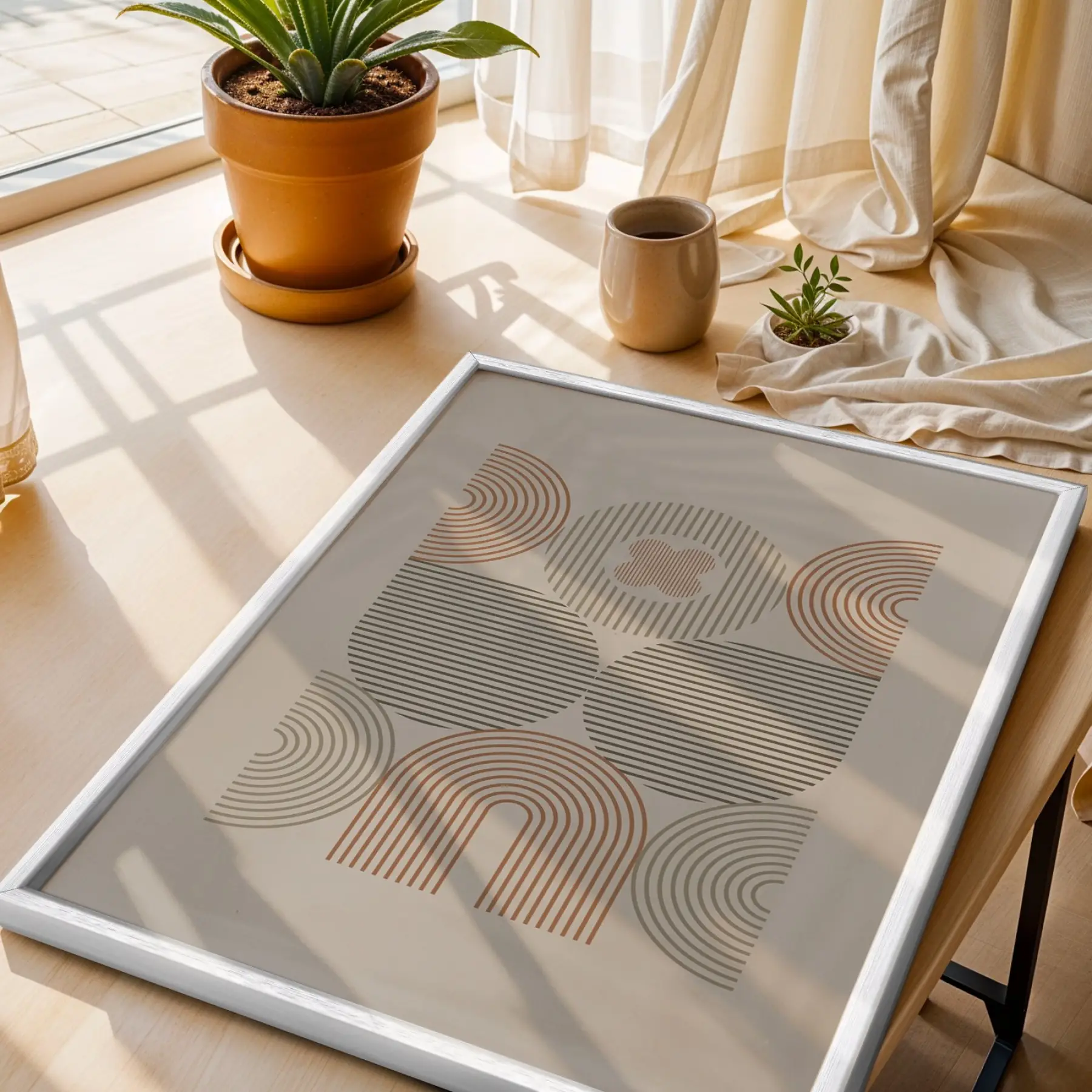 Pastel Kemerli Geometrik Tablo Beyaz Ahşap Çerçeveli Oturma Odası Duvar Dekoru Poster Obje