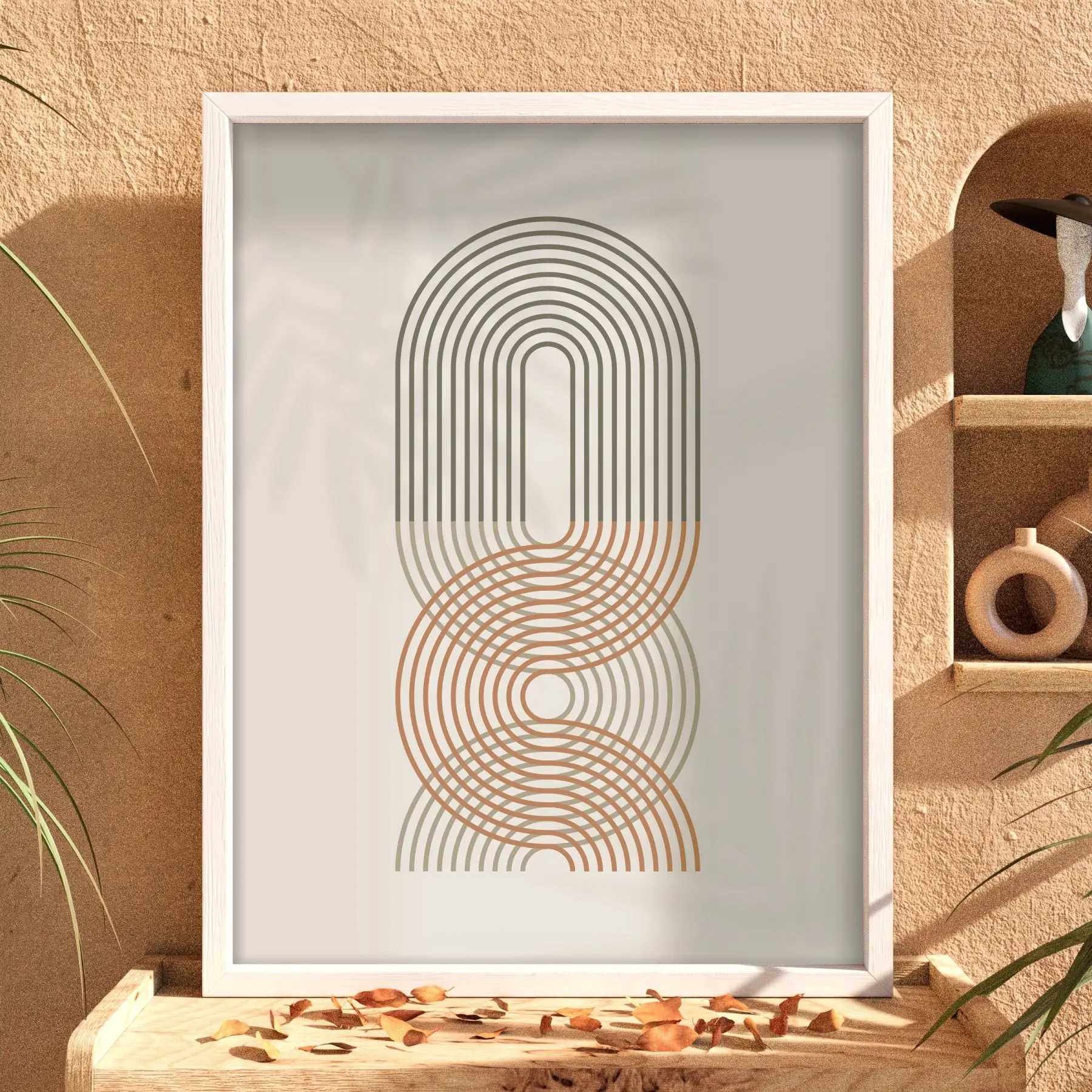 Toprak Renkli Geometrik Yaylar Beyaz Ahşap Çerçeveli Tablo Odası Duvar Dekoru Poster Obje