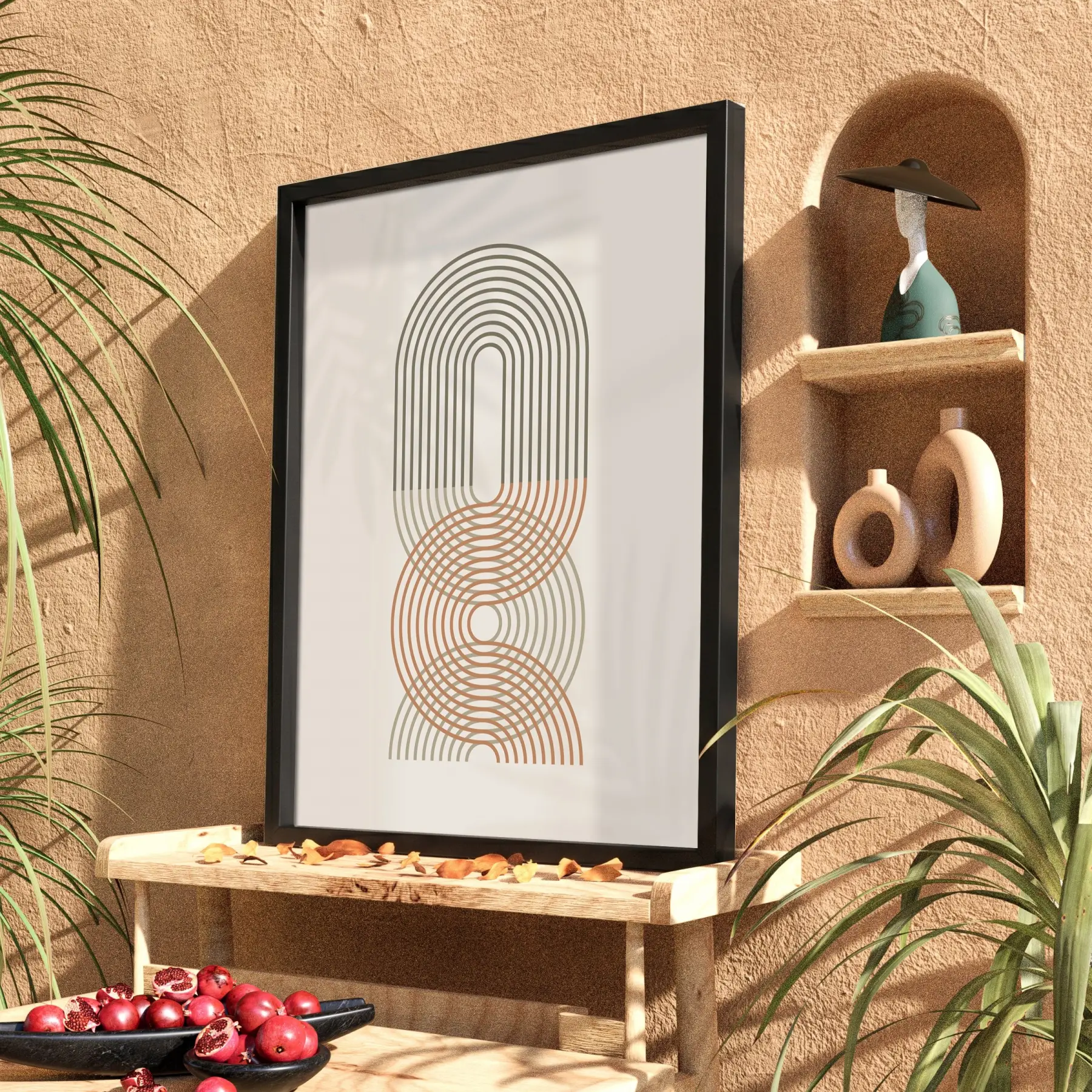 Toprak Renkli Geometrik Yaylar Siyah Ahşap Çerçeveli Tablo Obje Ev Aksesuarları Modern Sanat