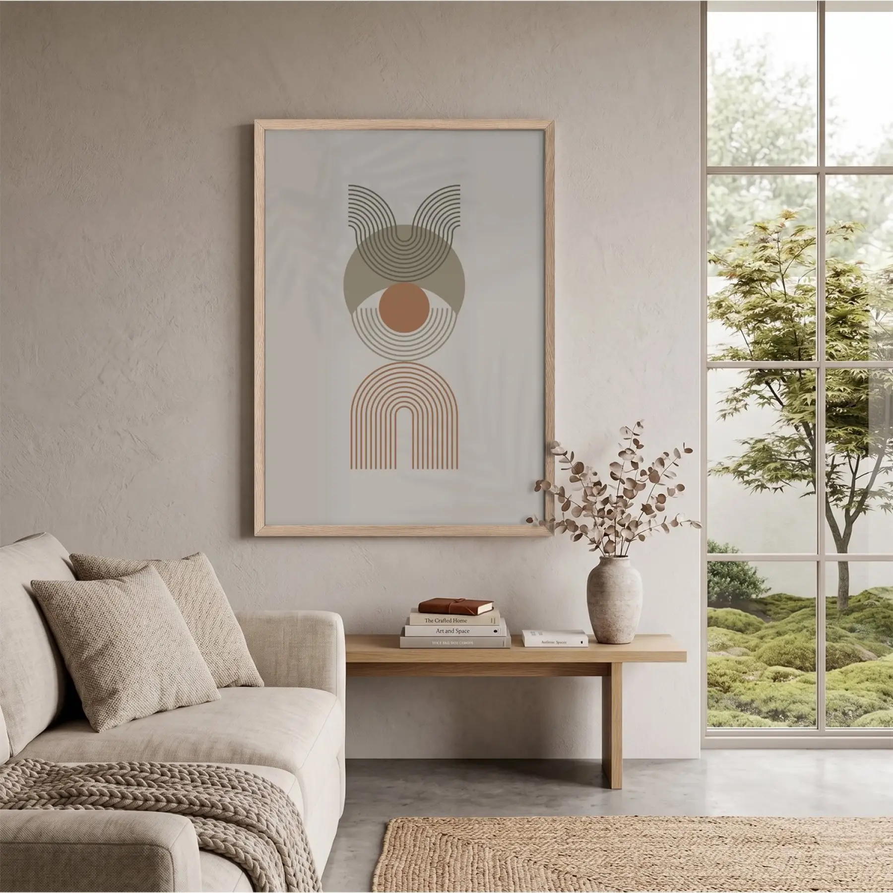 Toprak Tonlu Geometrik Desen Doğal Ahşap Çerçeveli Tablo Yatak Koridor Ofis Kanvas Görünümlü