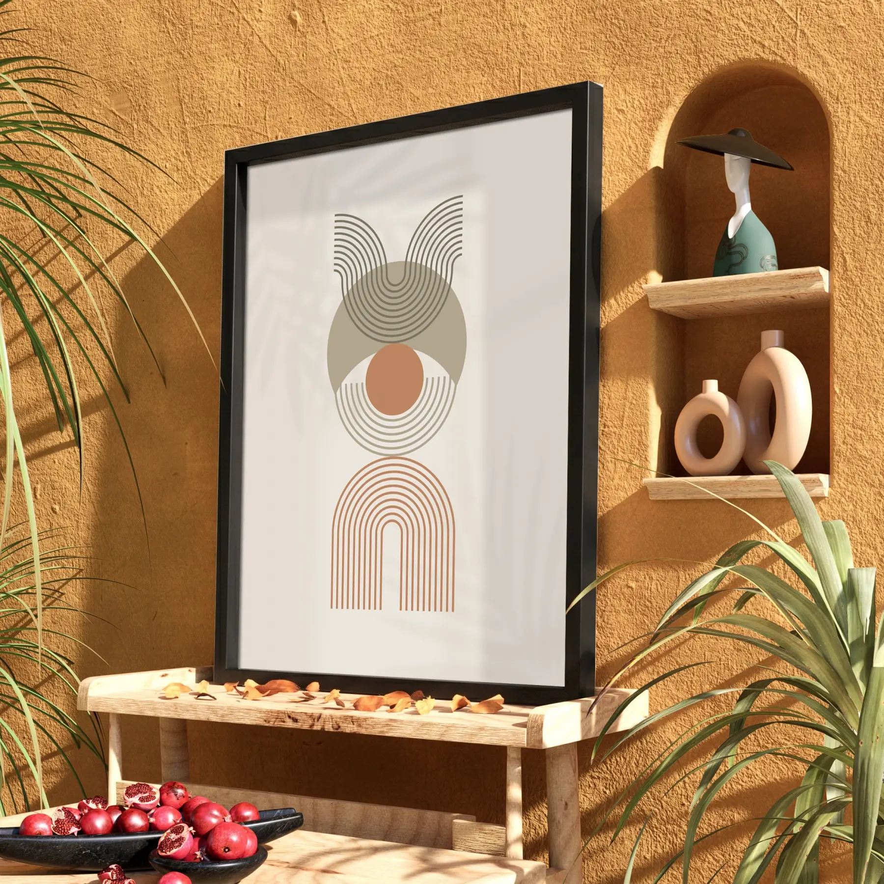 Toprak Tonlu Geometrik Desen Siyah Ahşap Çerçeveli Tablo Dekorasyonu Poster Obje Ev Aksesuarları