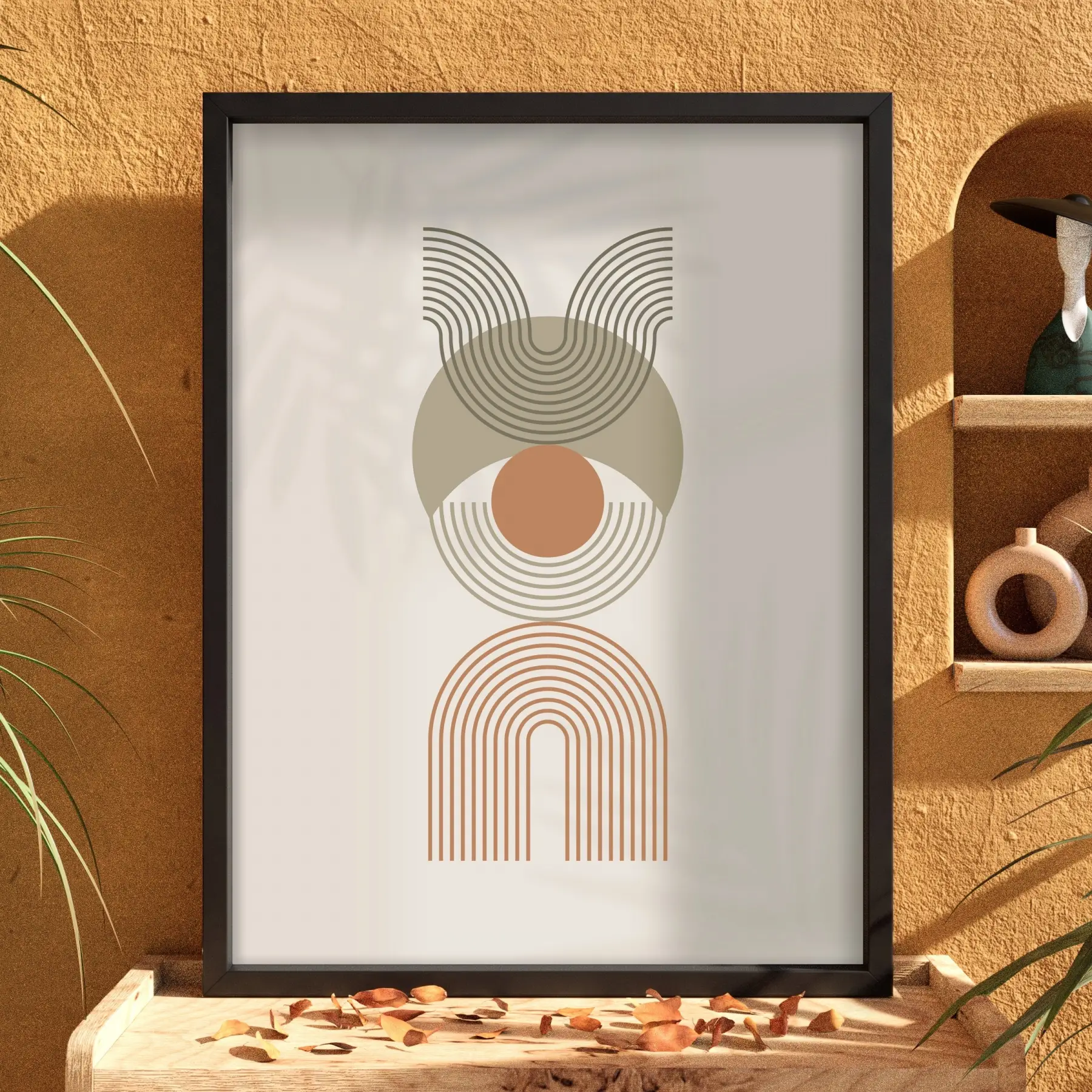 Toprak Tonlu Geometrik Desen Siyah Ahşap Çerçeveli Tablo Dekorasyonu Poster Obje Ev Aksesuarları