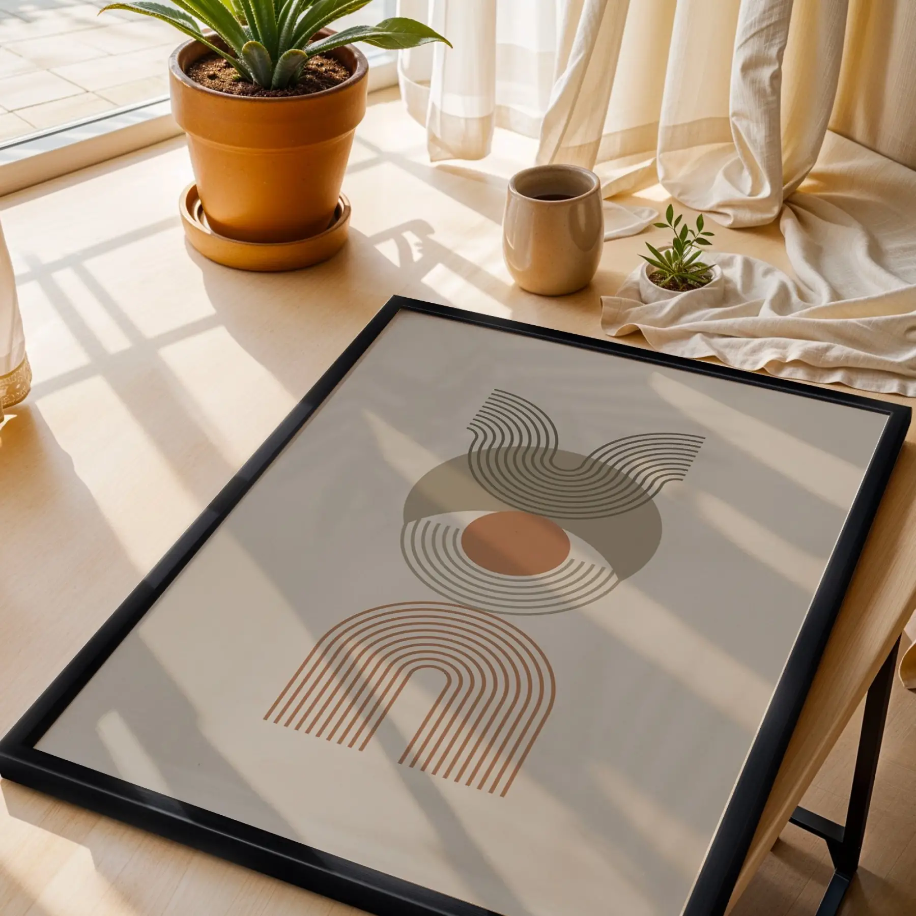Toprak Tonlu Geometrik Desen Siyah Ahşap Çerçeveli Tablo Dekorasyonu Poster Obje Ev Aksesuarları