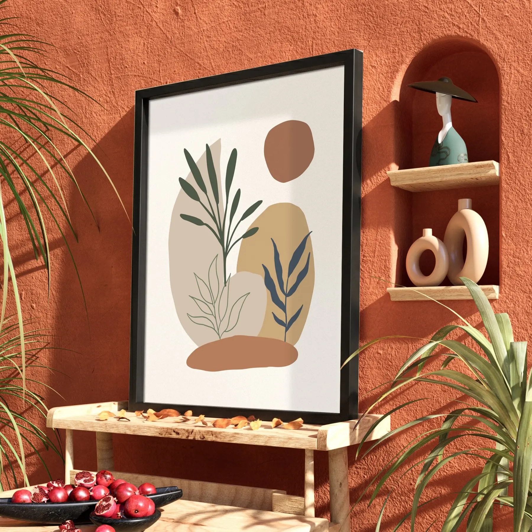 Doğal Tonlar Botanik Soyut Siyah Ahşap Çerçeveli Tablo Bohem Modern Sanat İç Mekan