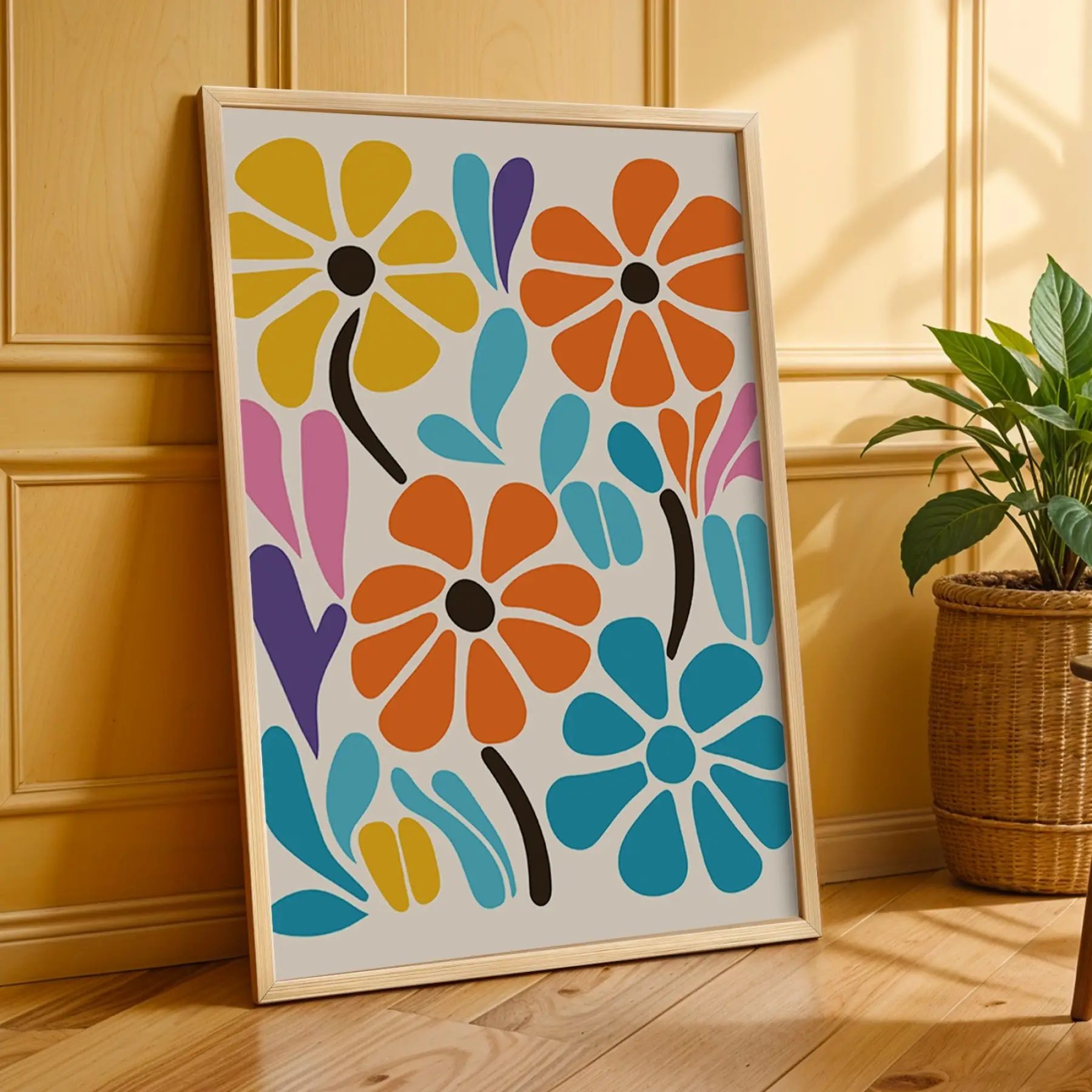 Canlı Retro Çiçek Desenleri 3lü Ahşap Çerçeveli Tablo Seti Bohem Tablo Poster Tablo Duvar Tablo Ev