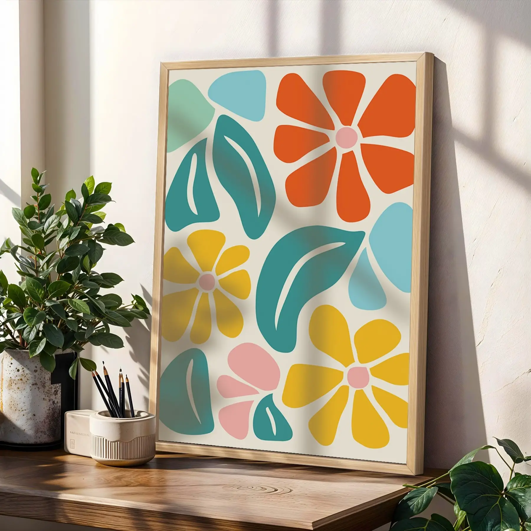 Canlı Retro Çiçek Desenleri 3lü Ahşap Çerçeveli Tablo Seti Bohem Tablo Poster Tablo Duvar Tablo Ev