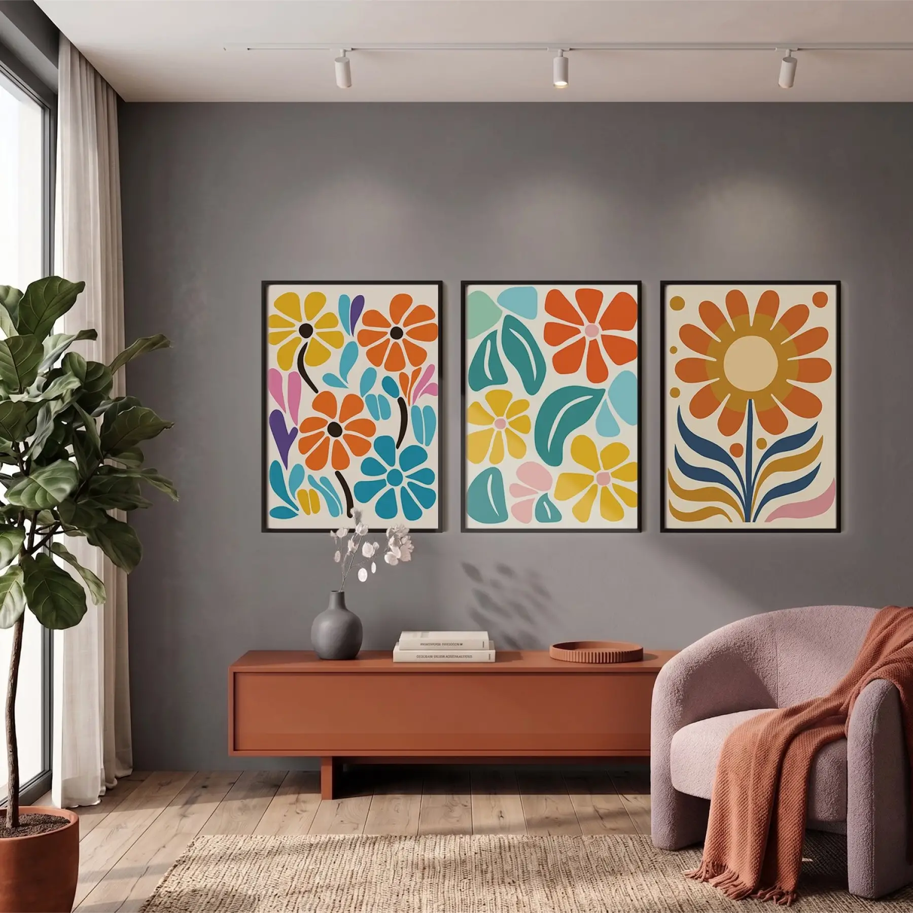 Canlı Retro Çiçek Desenleri 3lü Siyah Çerçeveli Tablo Seti Bohem Tablo Resim Çerçevesi Tablo Salon